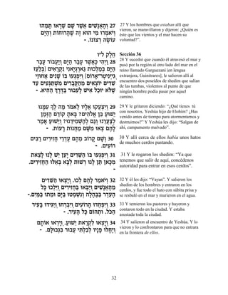 e‰Óz e‡¯L ÌL ¯L¬ ÌÈL ¬‰¿ 27
       ¿ » »∆ » ∆‡ ƒ»‡»Â                    27 Y los hombres que estaban allí que
                                            vieron, se maravillaron y dijeron: ¿Quién es
     Ìi«¿ ˙…Áe¯‰L ‰Ê ‡e‰ ÈÓ e¯Ó‡È¿
      »‰Â Â » ∆ ∆          ƒ ¿ …Â           éste que los vientos y el mar hacen su
                     - .… …ˆ¯ ‰NÂÚ
                        Â Â ¿ ∆…            voluntad?”.


                            Â"Ï ˜ÏÁ Sección 36
                                 ∆≈
   ¯·Ú ¯…·Ú«Â Ìi« ¯·Ú ¯L¬« È‰¿Â 28 pasó por la regióncuando lado del mar en el y
    «» Â ¬È ¿ »‰ «» ∆‡k ƒÈ «         28 Y sucedió que
                                                        al otro
                                                                él atravesó el mar

 ÊÚ«¿] ÌÈ‡¯˜ Èƒ‡È¿¯‡‚ ˙eÎÏÓ¿ Ìi« reino llamado Garguezaní [en lengua
  «Ïa ƒ »¿ƒ »‚ ¿ « ¿«a »‰
  ÈÊeÁ‡ ÌÈƒL Âa eÚb¿ƒÂ [Ò…¯‡"¯ËÈƒÈÈƒ extranjera, Guinitraros], le salieron allí al
   ≈ ¬ » … ¿ÙÈ ¿ Â » ¿ ¿‚¿
 „Ú ÌÈÚ¿z ¿Ó ÌÈ¯·w«Ó ÌÈ‡ˆ…È ÌÈ„L encuentro dos poseídos de shedimde que
  « ƒb «L ƒ ƒ» ¿‰ ≈ ƒ¿Â ƒ≈ de las tumbas, violentos al punto que salían
  - .‡È‰‰ ¿ ¯c« ¯eaÚ» LÈ‡ ÏÎeÈ ‡…L ningún hombre podía pasar por aquel
       ƒ« Í ∆∆a ƒÏ ƒ « l ∆
                                            camino.

   e nƒ » ¿ ‰Ó ¯Ó‡Ï ÂÈÏ‡ e˜ÚˆƒÂ 29
     »Ú ÍÏ « … ≈ »≈ ¬¿È ¿                   29 Y le gritaron diciendo: “¿Qué tienes tú
                                            con nosotros, Yeshúa hijo de Elohim? ¿Has
    ÔÓ¿‰ Ì„…˜ ˙‡a ?ÌÈ‰Ï‡ Ôa ÚeL≈
     «f« ≈Â » » ƒ…¡ ≈ « È                   venido antes de tiempo para atormentarnos y
   ¯Ó‡ ÚeL≈Â ?e „ÈÓL«¿ Ì‚¿ e ¯Úˆ¿
    « » « È¿ ≈ ƒ ¿‰Ï «Â ≈¬«Ï                destruirnos?” Y Yeshúa les dijo: “Salgan de
       - .˙…Ú¯ ˙… ÁÓ ÌM ƒ e‡ˆ Ì‰»
           Â » Â ¬ « »Ó ¿ ∆Ï                ahí, campamento malvado”.

 ÌÈa « ÌÈ¯ÈÊÁ È¯„Ú Ì‰Ó ·…¯˜ ÌL¿ 30
   ƒ¯ ƒƒ¬ ≈¿∆ ∆ ≈ Â » »Â                    30 Y allí cerca de ellos había unos hatos
                                            de muchos cerdos pastando.
                           - .ÌÈÚ…¯
                                ƒÂ
 ˙‡ˆ» e » L≈ ÔÚ» ÌÈ„M« …a eÚb¿ƒÂ 31
    ≈Ï Ï È ≈È ƒ≈‰ Â ¿ÙÈ ¿                    31 Y le rogaron los shedim: “Ya que
.ÌÈ¯ÈÊÁ‰ el‡¿ ‡·¿ ˙eL¯ e » Ôz Ô‡k ƒ
   ƒƒ¬« ≈a »Ï          ¿ Ï « »Ó             tenemos que salir de aquí, concédenos
                                            autoridad para entrar en esos cerdos”.
                                   -
       ÌÈ„M« e‡ˆ»Â .eÎÏ Ì‰» ¯Ó‡È¿ 32
         ƒ≈‰ ¿È ¿ ¿ ∆Ï « …Â                 32 Y él les dijo: “Vayan”. Y salieron los
                                            shedim de los hombres y entraron en los
      Ïk eÎÏ≈Â ÌÈ¯ÈÊÁ« e‡a«Â ÌÈL ¬‰Ó
        » ¿È ¿ ƒƒ¬a ¿È ¿ ƒ»‡» ≈             cerdos, y fue todo el hato con súbita prisa y
-.ÌÈ «a e˙Óe Ìi« eËÓL ¿ ‰Ï‰∆a ¯„Ú‰
   ƒn« ≈ »a ¿ ¿ƒÂ »»a« ∆≈»                  se resbaló en el mar y murieron en el agua.

 ¯ÈÚ» e„Èb« eÁ¯·ƒÂ¿ÌÈÚ…¯‰ e„ÁÙƒÂ 33
   ƒa ƒÈÂ¿ ¿¿È ƒÂ » ¬¿È ¿                   33 Y temieron los pastores y huyeron y
                                            contaron todo en la ciudad. Y estaba
              - .¯ÈÚ‰ Ïk Ì…‰˙e .Ïk«
                   ƒ» » Â ¿ …‰              asustada toda la ciudad.
   Ì˙…‡ e‡¯ÈÂ¿.ÚeL≈ ˙‡¯˜ƒ e‡ˆ»Â 34
    »Â     ¿» « È «¿Ï ¿È ¿                   34 Y salieron al encuentro de Yeshúa. Y lo
                                            vieron y lo confrontaron para que no entrara
    - .ÌÏe·‚ƒ ¯e·Ú Èz¿ƒ¿ ÂÈ»t eÏÁ∆Â
        » ¿a ¬ ƒÏ·Ï » ¡È ¿                  en la frontera de ellos.




                                       32
 