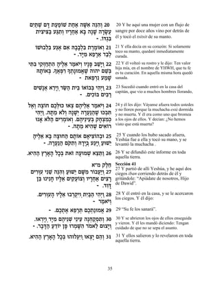 ÌÈ «L Ìc ˙ÚÙ…L ˙Á‡ ‰Mƒ ‰pƒ¿ 20
  ƒz ¿ » ««Â «« »‡ ≈‰Â                   20 Y he aquí una mujer con un flujo de
    ˙ÈˆÈv« Úb ƒ¿ ÂÈ¯Á‡ ‡a ‰»L ‰¯N¬
      ƒ ƒa «˙Â »¬« » » »»Ú               sangre por doce años vino por detrás de
                               - .…c¿ƒ
                                  Â ‚a   él y tocó el tsitsit de su manto.

    Â ¿a «‡ ƒ ··Ïa ∆∆Â ¿
    …Le·Ïƒ Úb∆ Ì‡ d»»¿ƒ ˙¯Ó…‡Â 21        21 Y ella decía en su corazón: Si solamente
                                         toco su manto, quedaré inmediatamente
                     - .„i ƒ ‡Ù¯‡ „·¿
                         »Ó ≈ »≈ «Ï      curada.
Èzƒ È˜¿Á˙‰ ‰ÈÏ‡ ¯Ó‡È¿ ÂÈ»t ·L»Â 22
 ƒa ƒf «¿ ƒ » ∆≈ « …Â » «È¿              22 Y él volteó su rostro y le dijo: Ten valor
   d˙Â‡a .Í‡t ƒ» ˙»eÓ‡L ‰Â‰È ÌL¿
     »… ¿ » ¬¿¯ Í ¿ ¡ ∆
                                         hija mía, en el nombre de YHWH, que tu fe
                                ≈a       es tu curación. En aquella misma hora quedó
                     - ˙‡t ¿ƒ ÚÓL
                          ≈¯ « »         sanada.

  ÌÈL ¬ ‡¯ÈÂ¿¯O« ˙Èa …‡…·a È‰¿Â 23
    ƒ»‡ ≈» «‰ ≈ Â Â ¿ ƒÈ «               23 Sucedió cuando entró en la casa del
                                         capitán, que vio a muchos hombres llorando,
                    - .ÌÈÎ…a ÌÈa «
                         ƒÂ ƒ¯
Ï‡¿ ‰ˆ…Á ÌÎ¿ek e‡ˆ Ì‰ÈÏ‡ ¯Ó‡È¿ 24
 ∆Â ∆Â ∆l         ¿ ∆ ≈¬ « …Â            24 y él les dijo: Váyanse afuera todos ustedes
                                         y no lloren porque la muchacha está dormida
   È‰¿Â .‰˙Ó ‡…¿ ‰»L¿ ‰¯Ú«‰L ek¿z
    ƒÈ « » ≈ ÏÂ »È »¬p« ∆ · ƒ            y no muerta. Y él era como uno que bromea
   e ‡ ‡…‰ ÌÈ¯Ó…‡Â .Ì‰È≈ÈÚ¿ ˜ÁˆÓ¿
     » l« ƒ¿Â ¿ ∆ ≈a »¿ƒk                a los ojos de ellos. Y decían: ¿No hemos
                                         visto que está muerta?
                 - .‰˙Ó ‡È‰L ÌÈ‡…¯
                     » ≈ ƒ ∆ ƒÂ
  ‰ÈÏ‡ ‡a ‰ˆeÁ‰ Ì˙…‡ Ì‡Èˆ…‰·e 25
  » ∆≈ » » « »Â » ƒÂ ¿                    25 Y cuando los hubo sacado afuera,
                                         Yeshúa fue a ella y tocó su mano, y se
      - .‰¯Ú«‰ Ìw˙¿ d„Èa Ú‚» ÚeL≈
          »¬p« … ƒÂ »»¿ «ÈÂ¿« È          levantó la muchacha .
.‡È‰‰ ı¯‡‰ ÏÎ¿ ˙‡Ê ‰ÚeÓL ‡ˆz« 26
   ƒ« ∆»» »a … » ¿ ≈≈Â                   26 Y se difundió este informe en toda
                                         aquella tierra.
                              ‡"Ó ˜ÏÁ
                                   ∆≈    Sección 41
                                         27 Y partió de allí Yeshúa, y he aquí dos
 ÌÈ¯eÚ ÈƒL ‰pƒ¿ ÚeL≈ ÌM ƒ ¯…·Ú«Â 27
    ƒ¿ƒ ≈ ≈‰Â « È »Ó Â ¬È ¿              ciegos iban corriendo detrás de él y
     Ôa e ÈƒÁ ÂÈÏ‡ ÌÈ˜¬…ˆÂ ÂÈ¯Á‡ ÌÈˆ¯
      ≈ » »≈ ƒÚÂ ¿ »¬« ƒ »               gritándole: “Apiádate de nosotros, Hijo
                                         de Dawid”.
                                - .„Âc
                                    ƒ»
     .ÌÈ¯eÚ » ÂÈÏ‡ e·¯˜ƒ ˙È«‰ È‰¿Â 28
         ƒ¿ƒ‰ »≈ ¿¿ÈÂ¿ ƒa« ƒÈ «          28 Y él entró en la casa, y se le acercaron
                                         los ciegos. Y él dijo:
                              - ¯Ó‡È¿
                                  « …Â
           - .ÌÎ˙‡ ‡t «z ÌÎ˙«eÓ‡ 29
                ∆¿ ∆ ≈¯ ¿ ∆¿ ¡           29 “Su fe los sanará”.

   .e‡¯ÈÂ¿„i ƒ Ì‰È≈L È≈ÈÚ ‰»Á˜¿˙¿ 30
       ¿» »Ó ∆ ¿ ≈ ¿ «Ù ƒÂ               30 Y se abrieron los ojos de ellos enseguida
                                         y vieron. Y él les mandó diciendo: Tengan
  - .¯·c« Ú„…È Ôt e¯ÓMƒ ¯Ó‡Ï ÌeˆÈ¿
       » »‰ « ≈Â » ¿ »‰ … ≈ »Â           cuidado de que no se sepa el asunto.

.‡È‰‰ ı¯‡‰ ÏÎ¿ e‰eÏbƒÂ«e‡ˆ» Ì‰¿ 31
   ƒ« ∆»» »a       «i ¿È ≈Â              31 Y ellos salieron y lo revelaron en toda
                                         aquella tierra.




                                    35
 