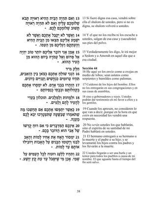 ‡· » ‰È ‡¯ ‡È‰‰ ˙È«‰ ‰È¿z Ì‡¿ 13
  …z »e ¿ ƒ« ƒa« ∆‰ ƒ ƒÂ               13 Si fuere digna esa casa, vendrá sobre
   ‰È ‡¯ ‰È¿z ‡… Ì‡¿ ‰ÈÏÚ ÌÎÓ…ÏL
    »e ¿ ∆‰ ƒ Ï ƒÂ » ∆» ∆¿Â ¿          ella el shalom de ustedes, pero si no es
                                       digna, su shalom volverá a ustedes.
              - .ÌÎ» ÌÎÓ…ÏL ·eLz
                  ∆Ï ∆¿Â ¿      »
    ‡… ¯L¬« ÌÎ˙‡ Ïa «È ‡… ¯L¬« 14
     Ï ∆‡Â ∆¿ ∆ ≈˜¿ Ï ∆‡Â              14 Y el que no los reciba ni los escuche a
    ‡È‰‰ ˙È«‰ ÔÓ e‡ˆz ÌÎÈÏ‡ ÚÓLƒ
      ƒ« ƒa« ƒ ¿≈ ∆ ≈¬ « ¿È            ustedes, salgan de esa casa y (sacudirán)
                                       sus pies del polvo.
        - .…ÙÚ‰ ÔÓ ÌÎÈÏ¿¯ Ì˜ ≈Ú‰¿
           Â ≈« ƒ ∆ ≈‚ « »z¿∆Â
‰È¿ƒ ·…Ë ¯˙…È ÌÎÈÏ‡ ¯·…c Èƒ‡ ÔÓ‡ 15
 ∆‰È Â ≈Â ∆ ≈¬ ≈Â ¬ ≈ »                15 Verdaderamente les digo, le irá mejor
    ÔÓ ‡e‰‰ Ì…i« ‰¯… Ú Ï‡¿ Ì…„Ò Ï‡
     ƒ    « Â a »Ó¬ ∆Â Â ¿ ∆           a Sedom y a Amorah en aquel día que a
                                       esa ciudad.
                      - .‡e‰‰ ¯ÈÚ‰
                             « ƒ»
                            „"Ó ˜ÏÁ
                                  ∆≈   Sección 44
                                       16 He aquí yo los envío como a ovejas en
,ÌÈ·‡¿‰ ÔÈa Ô‡ˆ¿ ÌÎ˙‡ Á≈…L Èƒ¿‰ 16
   ƒ≈f« ≈ … k ∆¿ ∆ «ÏÂ          ƒ      medio de lobos; sean astutos como
   .ÌÈƒ…Èk ÌÈi ¬« ÌÈL»¿k ÌÈÓe¯Ú eÈ‰z
       Â ¿ ƒƒÚÂ ƒÁ ƒ ƒ ¬ ¿ ƒ           serpientes y humildes como palomas.

  ÌÎ˙‡ e¯ÒÓƒ ‡… .Ì„‡ È≈·ƒ e¯‰¿‰ 17
   ∆¿ ∆ ¿ ¿È Ï »» ¿a ¬ÊÀ               17 Cuídense de los hijos del hombre. Ellos
                                       no los entregarán en sus congregaciones y en
           - Ì˙…ÈÒ≈Î Èz»¿e Ì˙…Ï‰˜¿
               «Â ƒ ¿ ≈·· ÀÂ ƒ ¿·      sus casas de asamblea,

    È„Ú« ÔÂÏÎÂ˙ .ÌÈÎ»n«¿ ˙…ÁÙ¿e 18
     ƒ¬a           ƒÏ ¿ÏÂ Â »Ï         18 sino a gobernadores y reyes. Ustedes
                                       podrán dar testimonio en mi favor a ellos y a
               - .ÌÈÂbÏ ¿Ì‰» „ÈÚ‰¿
                    ƒ≈«Â ∆Ï ≈»Ï        los gentiles.

‰Ó e·L¿z Ì‡ ÌÎ˙‡ eNt ¿ƒ ¯L¬« 19
 « ¿Á « ≈ ∆¿ ∆ ¿˙È ∆‡k                 19 Cuando los apresen, no consideren lo
                                       que van a decir, porque en la hora en que
 ÌÎ» ‡aƒ eÎ¯Ëˆz ∆ ‰ÚM«L e¯Ó‡zL
   ∆Ï ≈È ¿»¿ƒL » »a ∆ ¿ … ∆            estén en necesidad les vendrá una
                           - .‰∆ÚÓ
                                 ¬«    respuesta.

 Â ¿» «
 …L„˜ Áe¯ Ì‡ Èk ÌÈ¯a ¿n« ÌÎ¿È‡ 20
             ƒ ƒ ƒ»„ ƒ‰ ∆ ≈             20 No serán ustedes los que hablarán,
                                       sino el espíritu de su santidad de mi
           - .ÌÎ» ¯·…c‰ ‡e‰ È·‡ ÏL
               ∆a ≈Â «       ƒ¬ ∆      Padre hablará en ustedes.
  ·‡‰¿ ˙…ÓÏ ÂÈÁ‡ ˙‡ Á‡‰ ¯…ÒÓƒ 21
   » »Â Â » ƒ » ∆ » » Â ¿ È             21 El hermano entregará a su hermano a
                                       la muerte y el padre a su hijo; y se
 eÏÈ·…ÈÂ ˙…·‡‰ ÏÚ ÌÈƒa« eÓe˜È¿ e ≈Ï
    ƒÂ ¿ Â »» « »‰          »Â aƒ      levantarán los hijos contra los padres y
                   - .˙…ÓÏ „Ú Ì˙…‡
                       Â » « »Â        los llevarán a la muerte.

   ÏÚ ÌÈn«‰ ÏÎ¿ ‰ÂÚÊÂ ‚Ú«Ï eÈ‰˙¿ 22
    « ƒÚ» »Ï           «l« ¿ ƒÂ        22 Ustedes llegarán a ser una burla y un
                                       temor para todos los pueblos a causa de mi
- .ÚL»Èƒı˜ ˙Ú „Ú Ïa¿ƒL ÈÓ ÔÎ‡ .ÈÓL
    «e » ≈ « …Òi ∆ ƒ ≈» ≈ ¿            nombre. El que aguante hasta el tiempo del
                                       fin será salvo.




                                  38
 