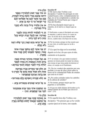 ‰"Ó ˜ÏÁ
                               ∆≈      Sección 45
                                       23 De nuevo dijo Yeshúa a sus
   ¯L¬« ÂÈ„ÈÓ¿˙¿ ÚeL≈ ¯Ó‡ „…Ú 23
    ∆‡k » ƒÏ «Ï « È « » Â              discípulos: Cuando los persigan en esta
,˙¯Á‡¿ eÁ¯a ˙‡f« ¯ÈÚ» ÌÎ˙‡ eÙc ¿È
  ∆∆«Ï ¿» …‰ ƒa ∆¿ ∆ ¿¯ ƒ              ciudad huyan a otra; verdaderamente les
                                       digo, no se les completarán a ustedes las
  ÌÎ» eÓÈÏL « Ï‡ ÌÎ» ¯Ó…‡ Èƒ‡ ÔÓ‡
   ∆Ï ƒ¿z ∆ ∆Ï ≈Â ¬ ≈ »                ciudades de Yisrael hasta que venga el
    - .Ì„‡ Ôa ‡aƒ Èk „Ú Ï‡¯Nƒ È¯Ú
         »» ≈ ≈È ƒ « ≈ »¿È ≈»          Hijo del Hombre.
  „·Ú‰ ‡…¿ …a¯Ó Ï…„b „ÈÓ¿z ÔÈ‡ 24
   ∆∆» ÏÂ Â «¿ Â » ƒÏ « ≈              24 No hay discípulo mayor que su
                                       maestro, ni el siervo es mayor que su
                   - .ÂÈ»…„‡Ó Ï…„b
                         Â ¬≈ Â »      amo.
     „·Ú»¿ …a¯k ˙…È‰ƒ „ÈÓ¿z« Èc 25
      ∆∆ÏÂ Â «¿ Â ¿Ï ƒÏ «Ï «           25 Suficiente es para el discípulo ser como
                                       su maestro, y para el siervo ser como su
   ÏÚ¿ e‡¯˜ƒ ˙È«‰ ÏÚ«Ï Ó‡ .ÂÈ»…„‡«
    «a ¿¿È ƒa« «a« ƒ Â ¬k              amo. Si al amo de la casa llaman Báal
              - .…˙Èa È≈·ƒ ˘"Î ·e·Ê
                 Â ≈ ¿Ï           ¿    Zevuv, cuánto más a los hijos de su casa.

‰‡¯È ‡…L ¯·c ÔÈ‡L Ì‰Ó e‡¯z Ï‡ 26
 » ¿ƒ l ∆ » » ≈ ∆ ∆ ≈ ¿ƒ ∆             26 No les teman, porque no hay asunto que
                                       no sea visto, ni oculto (que no se dé a
                        - .ÌÏÚ∆ ‡…¿
                            «¡ ÏÂ      conocer).
   …˙…‡ e¯Ó‡ ¿ L… « ÌÎ» ¯Ó…‡ Èƒ‡ 27
   Â Â    ¿ » Í ∆Áa ∆Ï ≈Â ¬            27 (Lo que) les digo en la oscuridad,
  Â ƒ ¿» ∆‡Ï ¿ ¿z ∆‡Â Â »
  …z‡ e¯ÙÒ ÔÊ… » eÚÓL ƒ ¯L¬«) ,¯…‡a    díganlo en la luz; (lo que oyen al oído,
                           - .(¯ÚM«
                                « «a   cuéntenlo en la puerta).

    ÔÈ‡L ˙…Èe‚‰ È‚¯…‰Ó e„ÁÙz Ï‡¿ 28
      ≈ ∆ Â ¬ ≈¿Â ≈ ¬¿ƒ ∆Â             28 Y no teman a los que matan (cuerpos)
                                       quienes no tienen poder de matar las almas;
    ¯L¬« e„Át ˜¯ ˙…LÙ¿‰ ‚¯¬« Ì„Èa
     ∆‡Ï ¬» « Â »p« …‰Ï »»¿            sino teman al que tiene poder de destruir el
-.Ì»È‰≈« Ûeb‰¿ LÙ∆‰ „a«¿ …„È¿ ˙Ï…ÎÈ
     ƒ‚· «Â ∆p« ≈‡Ï Â »a ∆Â ¿          alma y el cuerpo en el Guehinam.

     ‰Ëe¯t« e„·‡ ÌÈ¯…tˆ ÈƒL ‡…‰ 29
      » ¿a ¿» ƒÂ ƒ ≈ l«                 29 ¿No (se venden) dos pajaritos por una
                                       perutah y ni uno de ellos caerá sobre la
 Èk ı¯‡‰ ÏÚ Ì‰Ó ˙Á‡ Ï…tz ‡…¿ ˙Á‡
  ƒ ∆»» « ∆ ≈ «« Â ƒ ÏÂ ««             tierra sin la voluntad del Padre de ustedes
        - ?ÌÈ «M«L ÌÎÈ·‡ Ô…ˆ¯a Ì‡
             ƒÓ »a ∆ ∆ ƒ¬ Â »» ƒ       que está en el cielo?

-?ÌÈ¯eÙÒ ÌlÀ ÌÎÈL » ˙…¯ÚN ‡…‰ 30
     ƒ ¿ »k ∆ ≈‡¯ Â » ¿ l«             30 ¿No están contados todos los cabellos
                                       de la cabeza de ustedes?
 - .Ì„‡ ÌÈ¯…tˆÓ ÌÈ·…hL e‡¯z Ï‡ 31
     »» ƒÂ ¿ƒ ƒÂ ∆ ¿ƒ ∆                31 No teman, porque mejor que los
                                       pajaritos es un hombre.
 Â ≈· ≈ ¿ « »» ¿a ƒÂ «a «n«
 … Á¿˙˘‡ Ì„‡ È≈Ùƒ È˙…‡ Á≈L ¿‰ 32       32 Al que me alabe delante del hombre yo lo
                                       alabaré delante de mi Padre que está en el
           - (33) .ÌÈ «M«L È·‡ È≈Ùƒ
                    ƒÓ »a ∆ ƒ¬ ¿Ï      cielo”. (33)

                          Â"Ó ˜ÏÁ
                               ∆≈      Sección 46
  ÂÈ„ÈÓ¿˙¿ ÚeL≈ ¯Ó‡ ‰ÚL d˙…‡a 34
    » ƒÏ «Ï « È « » » » »Â ¿           34 En aquella hora dijo Yeshúa a sus
ı¯‡» (Ì…ÏL ÌÈN» È˙‡a ∆ e·L¿z Ï‡
 ∆»a Â ») ƒÏ ƒ »L ¿Á « ∆               discípulos: “No piensen que yo he venido
                      - .·¯Á ‡l∆
                           ≈» »‡       a poner (paz) en la tierra, sino espada.


                                  39
 