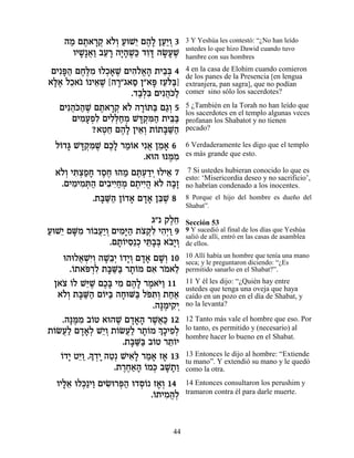 ‰Ó Ì˙‡¯˜ ‡…¿ ÚeL≈ Ì‰» ÔÚ«Â 3
     « ∆ »¿ ÏÂ « È ∆Ï «È ¿             3 Y Yeshúa les contestó: “¿No han leído
                                       ustedes lo que hizo Dawid cuando tuvo
      ÂÈL ¬« ·Ú¯ ‰È»L« „Âc ‰N»L
        »»‡Â ≈ » »‰ ∆k ƒ» »Ú ∆         hambre con sus hombres

 ÌÈƒt« ÌÁ∆Ó eÏÎ‡L ÌÈ‰Ï‡‰ ˙È·¿ 4
    »‰ ∆l ƒ ¿» ∆ ƒ…¡» ≈a               4 en la casa de Elohim cuando comieron
                                       de los panes de la Presencia [en lengua
‡l∆ ÏÎ‡… … È‡L [‰¯"‚‡Ò Ô"‡t ÊÚl«]
 »‡ ≈ Â ≈ ∆ » « » ≈…a                  extranjera, pan sagra], que no podían
                     .„·¿ƒ ÌÈƒ‰…Ï
                       «Ïa ¬k«         comer sino sólo los sacerdotes?

   ÌÈƒ‰…‰L Ì˙‡¯˜ ‡… ‰¯…z« Ì‚¿ 5
      ¬k« ∆ ∆ »¿ Ï »Â a «Â             5 ¿También en la Torah no han leído que
                                       los sacerdotes en el templo algunas veces
      ÌÈÓÚÙƒ ÌÈÏ¿ÁÓ Lc ¿n« ˙Èa«
        ƒ»¿Ï ƒl« ¿ »˜ ƒ‰ ≈a            profanan los Shabatot y no tienen
           ?‡ËÁ Ì‰» ÔÈ‡¿ ˙…˙a «‰
             ¿≈ ∆Ï ≈Â Â »M«            pecado?

  Ï…„b Lc ¿n ∆ ÌÎ» ¯Ó…‡ Èƒ‡ ÔÓ‡ 6
   Â » »˜ ƒL ∆Ï «Â ¬ ≈ »               6 Verdaderamente les digo que el templo
                         .‡e‰ epn ƒ
                                ∆Ó     es más grande que esto.

  ‡…¿ Èz¿ÙÁ „ÒÁ e‰Ó Ìz¿„È eÏÈ‡ 7
   ÏÂ ƒˆ«» ∆∆ « ∆Ú «¿ ≈                 7 Si ustedes hubieran conocido lo que es
                                       esto: ‘Misericordia deseo y no sacrificio’,
   .ÌÈÓÈÓz« ÌÈ·ÈÈ«Ó Ì˙ÈÈ¡ ‡… ‰·»
       ƒ ƒ ¿‰ ƒ ƒÁ ¿ ∆ ƒ‰ Ï »Ê         no habrían condenado a los inocentes.
            .˙a «‰ Ô…„‡ Ì„‡ Ôa ∆ 8
              »M« Â » »» ≈L            8 Porque el hijo del hombre es dueño del
                                       Shabat”.

                           ‚" ˜ÏÁ
                               ∆≈      Sección 53
ÚeL≈ ÌM ƒ ¯…·Ú«Â ÌÈÓ»‰ ˙ˆ˜ƒ È‰¿Â 9
« È »Ó Â ¬È ¿ ƒi« … ¿Ï ƒÈ «            9 Y sucedió al final de los días que Yeshúa
                                       salió de allí, entró en las casas de asamblea
                .Ì˙…ÈÒ≈Î Èz»¿ ‡·»Â
                  »Â ƒ ¿ ≈·a …È¿       de ellos.

    e‰eÏ‡LƒÂ ‰L≈¿ …„È¿ Ì„‡ ÌL¿ 10
         ¬ ¿È¿ »·È Â »Â »» »Â          10 Allí había un hombre que tenía una mano
                                       seca; y le preguntaron diciendo: “¿Es
      .…˙‡t¯Ï ˙a «a ¯˙…Ó Ì‡ ¯Ó‡Ï
       Â … ¿ƒ »M« »Â ƒ … ≈             permitido sanarlo en el Shabat?”.

 Ô‡ˆ …Ï L≈L ÌÎ» ÈÓ Ì‰» ¯Ó‡i« 11
   … Â i ∆ ∆a ƒ ∆Ï ∆ …Â                11 Y él les dijo: “¿Quién hay entre
                                       ustedes que tenga una oveja que haya
  ‡…¿ ˙a «‰ Ì…i« ‰ÁeM« Ïtz¿ ˙Á‡
    ÏÂ »M« Â a » a … ƒÂ ««             caído en un pozo en el día de Shabat, y
                            .‰p ∆È˜¿
                              »Ó ƒÈ    no la levanta?

   .‰p ∆Ó ·…Ë ‡e‰L Ì„‡‰ ¯L¬« 12
      »n ƒ Â       ∆ »»» ∆‡k           12 Tanto más vale el hombre que eso. Por
˙…NÚ« Ì„‡¿ L≈Â ˙…NÚ« ¯˙…Ó ¿ »ÈÙ¿
 Â ¬Ï »»Ï È¿ Â ¬Ï »Â ÍÎ ƒÏ             lo tanto, es permitido y (necesario) al
                                       hombre hacer lo bueno en el Shabat.
                    .˙a «a ·…Ë ¯˙…È
                      »M« Â ≈Â
   Â » ≈« » ¿» ≈ ƒÏ « » »
   …„È ËÈÂ .Í„È ‰Ë¿ LÈ‡» ¯Ó‡ Ê‡ 13     13 Entonces le dijo al hombre: “Extiende
                                       tu mano”. Y extendió su mano y le quedó
                  .˙¯Á‡‰ …Ók ·L »«
                    ∆∆«» Â ¿ »˙Â       como la otra.

  ÂÈÏ‡ eÏk « ÌÈN ¯t« e„Ò… Ê‡¿ 14
    »≈ ¿«ÈÂ ƒe ¿‰ ¿Â »Â                14 Entonces consultaron los perushim y
                         .…˙ÈÓ‰¿
                          Â ƒ ¬Ï       tramaron contra él para darle muerte.




                                 44
 