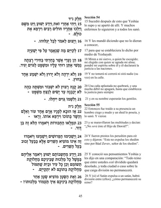 Sección 54
                             „" ˜ÏÁ
                                  ∆≈    15 Sucedió después de esto que Yeshúa
 ÌM ƒ ËÈÂ ÚeL≈ Ú„ÈÂ«˙‡Ê È¯Á‡ È‰¿Â 15
  »Ó ≈« « È «≈ … ≈¬« ƒÈ «               lo supo y se apartó de allí. Y muchos
    ˙‡ ‡t «ÈÂ ÌÈa « ÌÈÏÂÁ ÂÈ¯Á‡ eÎÏ≈Â
      ∆ ≈¯ ƒ ƒ¯ ƒ… »¬« ¿È «             enfermos lo siguieron y a todos los sanó.
                             - .ÌÏeÎ
                                  »
        - .e‰el«¿ Ï·¿ ¯Ó‡Ï ÌeˆÈ¿ 16
               ‚È «Ï … ≈ »Â             16 Y les mandó diciendo que no lo dieran
                                        a conocer,
    ‰È¿L¿ Èt ÏÚ ¯Ó‡∆L ‰Ó Ìi ƒÏ 17
     »Ú «È ƒ « « ¡p ∆ « ≈È˜¿            17 para que se estableciera lo dicho por
                                        medio de Yeshayah:
   ‰˙ˆ¯ È¯ÈÁ¿ Èz ¿Á» ¯L¬ È¯Ú¿ Ô‰ 18
     »¿ » ƒ ƒa ƒ¯ «a ∆‡ «» ≈            18 Miren a mi siervo, a quien he escogido;
                                        mi elegido con quien se agrada mi alma;
.„Èb« ÌÈÂb« Ët ¿Óe ÂÈÏÚ ÈÁe¯ Ôz∆ ÈL¿«
   ƒÈ ƒ… Ï »L ƒ »» ƒ ≈‡ ƒÙ              pondré mi espíritu sobre él y él declarará la
                                        justicia a las naciones.
 „Á‡ ÚÓLƒ ‡…¿ ıe¯È ‡…¿ ‰‰¯È ‡…¿ 19
  »∆ « ¿È ÏÂ » ÏÂ » ¿ƒ ÏÂ               19 Y no temerá ni correrá ni oirá nadie (su
                                        voz) en la calle.
                          - .ıeÁa«
  ‰‰≈ ‰z ¿Ùe ¯…aLƒ ‡… ıeˆ¯ ‰»˜ 20
   ∆k »Lƒ Â ¿È Ï         » »            20 Una caña aplastada no quebrará, y una
                                        mecha débil no apagará, hasta que establezca
   - Ët ¿Ó Áv ¿ ÌÈN» „Ú ‰∆·«¿ ‡…
       »L ƒ «≈«Ï ƒÈ « ¿ÎÈ Ï             la justicia para siempre

              - .eÏÁÈÈ ÌÈÂb …ÓLƒ¿ 21
                   ¬ ƒ ƒ≈ Â ¿ÏÂ         21 y en su nombre esperarán los gentiles.

                                        Sección 55
                            ‰" ˜ÏÁ∆≈    22 Entonces fue traído a su presencia un
ÌÏ‡¿ ¯…Ú „Á‡ Ì„‡ ÂÈ»Ù¿ ‡·e‰ Ê‡ 22
  »≈Â Â »∆ »» »Ï » »                    hombre ciego y mudo y un shed lo poseía, y
     - e‡¯Â .…˙…‡ ‡t «ÈÂ …Î…˙a „M«¿
          »¿ Â Â ≈¯ ƒ Â Â ¿ »‰Â         lo sanó. Y vieron

Ôa ‰Ê ‡…‰ e¯Ó‡È¿ ˙…¯e·Á‰ e‡ÏÙ≈e 23
 ≈ ∆ l« ¿ …Â Â ¬« À¿                    23 y se maravillaron las multitudes y decían:
                                        “¿No será éste el Hijo de Dawid?”.
                              - .„Âc
                                  ƒ»
  e¯Ó‡È¿ eÚÓLƒÂ ÌÈL ¯t« eÓÈk ¿È¿ 24
    ¿ …Â ¿ ¿È¿ ƒe ≈‰ ƒL«Â               24 Y fueron prestos los perushim para oír
                                        esto y dijeron: “Este no expulsa los shedim
 ·e·Ê ÏÚ«a ‡l∆ ÌÈ„M« ‡Èˆ…Ó … È‡ ‰Ê
    ¿ «a« »‡ ƒ≈‰ ƒÂ Â ≈ ∆               sino por Báal Zevuv, señor de los shedim”.
                     - .ÌÈ„M« ÏÚ«
                          ƒ≈‰ «a
Ì‰ÈÏ‡ ¯Ó‡È¿ ÚeL≈ Ì˙…·˘ÁÓ Ú„ÈÂ¿25
 ∆ ≈¬ « …Â « È ∆Â ¿ « ¿ «»              25 Y conoció sus pensamientos Yeshúa y
   ˙˜ÂÏÁÓ ÌÎÈ≈Èa ∆ ˙eÎÏÓ Ïk ÏL »¿
    ∆… ¬ « ∆ ≈L ¿« » »Óa                les dijo en una comparación: “Todo reino
                                        que entre ustedes esté dividido quedará
     Ï…tz ∆ ˙È«e ¯ÈÚ Ïk ÔÎ¿ ÌÓ…˘˙
       Â ƒL ƒ· ƒ » ≈Â ≈Â ¿              desolado, y toda ciudad o casa sobre la
      - .ÌÈ «˙ƒ ‡… ÌÎ…˙a ˙˜ÂÏÁÓ
          ∆È˜ ¿È Ï »Â ¿ ∆… ¬ «          que caiga división no permanecerá.

       ¯Á‡ ÔËN ‡Èˆ…Ó ÔËO« ˙‡¿ 26
        ≈« » » ƒÂ » »‰ ∆Â                26 Y (si) el Satán expulsa a un satán, habrá
- ?…˙eÎÏÓ „…ÓÚz ¿ È‡ ÌÎÈ≈Èa ˙˜ÂÏÁÓ
                                        división entre (ellos); ¿cómo permanecerá su
   Â ¿« Â ¬« Í ≈ ∆ ≈ ∆… ¬ «             reino?



                                   45
 