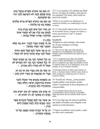 ·e·Ê ÏÚ«a ÌÈ„M« ‡Èˆ…Ó Èƒ‡ Ì‡¿ 27
    ¿ «a« ƒ≈‰ ƒÂ ¬ ƒÂ                   27 Y si yo expulso a los shedim por Báal
                                        Zevuv, los hijos de ustedes, ¿por qué no
eÈ‰ƒ ‰ÊÏe Ì‡Èˆ…‰ ‡… ‰n» ÌÎ»L ÌÈp«
  ¿È ∆¿ » ƒÂ Ï »Ï ∆l ∆ ƒa               los expulsan? Por tanto, ellos serán los
                     - .ÌÎÈËÙ…L Ì‰
                         ∆ ≈¿Â ≈        jueces de ustedes.

ÌÈ‰Ï‡ Áe¯a ÌÈ„M« ‡Èˆ…Ó Èƒ‡ Ì‡¿ 28
  ƒ…¡ « » ƒ≈‰ ƒÂ ¬ ƒÂ                   28 Pero si yo expulso los shedim por el
                                        espíritu de Elohim, en verdad llegó el fin de
              - .˙eÎÏÓ ı˜ ‡a ˙Ó‡∆
                    ¿« » » ∆ ¡ a        su reino.

     ¯e„b ˙È·¿ ‡·¿ LÈ‡ ÏÎeÈ ¯iƒ¿ 29
        » ≈a »Ï ƒ « ≈‡Â                 29 ¿Y cómo puede alguien entrar en la casa
                                        de un hombre fuerte y saquear sus bienes, a
    … Â Â ¿È Ï ƒ »k ∆ « «Ï
    Â˙…‡ ¯…L˜ƒ ‡… Ì‡ ÂÈÏ≈ ˙‡ ˙Á˜»       menos que primero lo ate? Y después
        - .…˙È·¿ ÏeÏLƒ Î"Á‡¿ ?‰∆ÈÁz
           Â ≈a ¿È        »Â »Ï ƒ ¿     saqueará su casa.

                             Â" ˜ÏÁ
                                  ∆≈    Sección 56
                                        30 Quien no está conmigo, está contra
 ‡…L ‰Ó ‡e‰ .Èc¿∆¿ È„nƒ … È‡L ÈÓ 30
  l∆ «         ƒ‚ Ï ƒ»Ú Â ≈ ∆ ƒ         mí. El que conmigo no recoge,
           - .ÏÚ…t« ¯…t¿ƒ Ènƒ ¯a«˙ƒ
               ≈Â a Â ÎÈ ƒÚ ≈Á ¿È       desparrama.
   Ûecƒ¿ ‡ËÁ Ïk ∆ ÌÎ» ¯Ó…‡ Èƒ‡ Ôk 31
      ‚Â ¿≈ »L ∆Ï ≈Â ¬ ≈                31 “Por eso les digo que todo pecado y
                                        blasfemia se le perdonará a los hijos del
- .ÏÁÓƒ ‡… Áe¯‰ Ûecƒ¿ Ì„‡ È≈·ƒ ÏÁÓƒ
    « ¿È Ï « » ‚Â »» ¿Ï « ¿È            hombre, pero la blasfemia del espíritu no se
                                        perdonará.

ÏÁÓƒ Ì„‡‰ Ôa „‚∆ ¯·c ¯Ó…‡‰ ÏÎ¿ 32
 « ¿È »»» ≈ ∆ » » ≈Â » »Â                32 Y a cualquiera que diga una palabra
                                        contra el Hijo del Hombre se le perdonará;
‡… L…„w« Áe¯ „‚∆ ¯·c ¯Ó…‡‰ ÏÎ¿ .…Ï
 Ï Â »‰ « ∆ » » ≈Â » »Â Â               pero a cualquiera que diga una palabra contra
                                        el espíritu santo no se le perdonará, ni en este
     - .·"‰Ú· ‡…¿ Ê"‰Ú· ‡… …Ï ÏÁÓƒ
               ÏÂ        Ï Â « ¿È       mundo, ni en el mundo venidero.

   Ú¯ ıÚ …‡ ·…Ë È¯Ù¿ ·…Ë ıÚ eNÚ 33
     « ≈ Â Â ≈»k Â ≈ »                  33 Declaren bueno el árbol como bueno su
                                        fruto, o declaren malo el árbol como malo su
- .ıÚ‰ Ú„…È È¯t« ÔÓ ˙Ó‡‰L Ú¯ È¯Ù¿
    ≈» « ≈Â ƒ¿‰ ƒ ∆ ¡» ∆ « ≈»k          fruto; porque la verdad que por su fruto se
                                        conoce el árbol.

   ¯a «Ï eÏÎez „È‡ ÌÈƒ˙t ˙Át ¿Ó 34
    ≈„¿ ¿        ≈ »¿ ««L ƒ             34 “Familia de víboras, ¿cómo pueden
    ‰t« ‡…‰¿ ?ÌÈÚ¯ ÌÎ˙…È‰ƒ ˙…·…Ë
      ∆‰ l«Â ƒ » ∆¿Â ¿a Â Â             ustedes hablar cosas buenas siendo
                                        malos? Ciertamente la boca despierta y el
             - .˙¯a «Ó ·l« ˙¯¯…Ú˙Ó
                 ∆∆„ ¿ ≈‰ ∆∆Â ¿ ƒ       corazón habla.
                                        35 Un hombre bueno del tesoro de un
 ·…Ë ‡Èˆ…È ·…Ë ·Ï ¯ˆ…‡Ó ·…Ë Ì„‡ 35
  Â     ƒÂ Â ≈ »Â ≈ Â »»                corazón bueno saca lo bueno; un hombre
    - .Ú¯ ‡Èˆ…È Ú¯ ·Ï ¯ˆ…‡Ó Ú¯ Ì„‡¿
        « ƒÂ « ≈ »Â ≈ « »»Â             malo del tesoro de un corazón malo saca lo
                                        malo.

 ¯L¬ ÌÈ¯·c« Ïk ƒL ÌÎ» Èƒ‡ ¯Ó…‡ 36
  ∆‡ ƒ»¿‰ »n ∆ ∆Ï ¬ ≈Â                  36 Yo les digo que de todas las palabras
    Ì…i« Ô…aL∆ ˙˙» ·Èi« Ì„‡‰ ¯a «È
     Â Ï Â ¿Á ≈Ï »Á »»» ≈„¿             que hable el hombre será obligado a dar
                                        cuenta en el día del juicio.
                              - .ÔÈc«
                                   ƒ‰
  Èt ÏÚ¿ Ët ¿ƒ ‰È¿z » È¯·c Èt ÏÚ 37
   ƒ «Â «L ∆‰ ƒ Í ∆»¿ ƒ «               37 Según tus palabras serás juzgado y según
                  - .·Èi«˙z » ÈN¬Ó
                       ≈Á ¿ ƒ Í ∆Ú «    tus obras serás condenado”.



                                  46
 