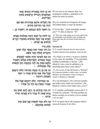 e‡ˆ» ÌÈÓ»‰ ˙È¯Á‡» ‰È¿ƒ Ôk 49
         ¿È ƒi« ƒ¬«a ∆‰È ≈              49 Así será en los últimos días, los
      ¿ …zÓ ÌÈÚL ¿‰ eÏÈc¿«Â¿ÌÈÎ‡¿n«
      ÍÂ ƒ ƒ »¯ » ƒ·È ƒ»Ï «‰            mensajeros saldrán y apartarán a los
                                        malos de entre los justos,
                        - .ÌÈ˜ ƒv«
                               ƒÈc«‰
     ÌL L‡ ˙…¯e„n« Ì˙…‡ eÎÈÏL«Â 50
      ≈ ≈ Â ¿a »Â            ƒ¿È¿       50 y los echarán en la hoguera de fuego.
            - .ÌÈƒÈL ˙˜ ƒÁ« ÈÎ∆ ‰È¿ƒ
                   ƒ «È¯ ¬Â ƒa ∆‰È      Allí habrá llanto y crujir de dientes”.

- .Ôk e¯Ó‡È¿ .‰Ê Ìz «‰ Ì‰» ¯Ó‡È¿ 51
    ≈ ¿ …Â ∆ ∆¿·≈ ∆Ï « …Â               51 El les dijo: “¿Han entendido ustedes
                                        esto?” Y ellos le dijeron: “Sí”.
 ÌÈ «L ˙eÎÏÓ¿ ‰Ó„Â ÌÎÁ Ïk ˙‡Ê¿ 52
  ƒÓ »    ¿«a » »¿ »» » …Ï               52 “Por eso, todo sabio en el reino del Cielo
                                        es semejante a un hombre que es padre de
ÌÈ¯·c …¯ˆ…‡Ó ‡Èˆ…n‰ Ûh« È·‡ Ì„‡»
  ƒ»¿ Â »Â ≈ ƒÂ « «‰ ƒ¬ »»Ï             hijos que saca de su tesoro cosas nuevas y
                                        viejas”.
                - .ÌÈƒL¿ Ìb ÌÈL »Á
                      »È « ƒ„¬
                             „"Ò ˜ÏÁ
                                  ∆≈    Sección 64
    ÚeL≈ ‰lƒ ¯L¬« ˙‡Ê È¯Á‡ È‰¿Â 53
     « È »k ∆‡k … ≈¬« ƒÈ «              53 Y sucedió después de esto que cuando
              .ÌM ƒ ¯·Ú ‰l≈‰ ÌÈ¯·c«
                 »Ó «» ∆‡» ƒ»¿‰         Yeshúa terminó estas palabras, salió de allí,

     ÌÈL ¬» „n«Ó ‰È»¿ …ˆ¯‡¿ ‡·e 54
       ƒ»‡Ï ≈Ï ¿ »‰Â Â ¿«Ï »             54 y llegó a su tierra y se puso a enseñar
 e¯Ó‡È¿ e‡ÏÙƒ ÌÈN ¯t«¿ .˙…iÒ≈k Èz»¿
   ¿ …Â «¿ ƒe ¿‰Â Â ƒ ¿ ≈·a             en las casas de asamblea. Y los perushim
                                        estaban asombrados y decían: “¿De
˙…NÚ« Á…Â ‰Ó¿Á‰ ‰ÊÏ d» ÔÈ«Ó Ìaƒ¿
  Â ¬Ï «Î¿ »Î»« ∆¿ a ƒ‡ ≈ »Ïa           dónde le vino a éste la sabiduría y la
                      - .˙…leÚt« el‡
                           Â ¿‰ ≈       autoridad para hacer estas obras?”
Ìz¿„È ‡…‰ ?ÌÈ¯Óe ÁÙ∆‰ ‰Ê Ôa ÔÈ‡ 55
  ∆Ú «¿ l«       ƒ≈ «p« ∆ ≈ ≈           55 ¿No es éste el hijo del herrero y Miryam?
                                        No conocen ustedes a todos estos: su madre
      ÛÒÂÈ '‚ ÂÈÁ‡¿ ÌÈ¯Ó …n‡ el‡ Ïk ∆
       ≈…       ƒ»Â ƒ≈ Â ƒ ≈ »L         Miryam, sus hermanos: Gimy (Yaaqov),
                     - ‰„e‰ÈÂ Ô…ÚÓL¿
                         » ƒ Â ¿ ƒÂ     Yosef, y Shimón y Yahudah

  el‡ Ïk ∆ Ìz¿„È ‡…‰ .ÂÈ˙…ÈÁ‡¿ 56
    ≈ »L ∆Ú «¿ l« »Â ¬«Â                56 y sus hermanas? ¿No conocen ustedes
     - ?‰l≈ Ïk ‰ÊÏ ‡a ÔÈ«Óe ?e nƒ
          ∆‡ » ∆¿ » ƒ‡ ≈        »Ú      que todos estos están con nosotros? ¿De
                                        dónde le vienen a éste todas estas cosas?”

 ÔÈ‡ ÚeL≈ Ì‰» ÔÚ»Â .…a ÌÈÎ…·¿ eÈ‰¿ 57
   ≈ « È ∆Ï ≈È ¿ Â ƒÂ           »Â      57 Y estaban confundidos acerca de él. Y
   Â ƒÂ … ¿«a
   …¯ÈÚ¿ Âˆ¯‡¿ ‡"Î „…·k …Ï ÔÈ‡L ‡È·»
                    Â » Â ≈∆ ƒ          Yeshúa les contestó: “No hay profeta sin
                                        honra excepto en su tierra y en su ciudad
                             - .…˙È·e
                                Â ≈     y en su casa”.

     ˙…‡ ÌeL ÌL ˙…NÚ« ‰ˆ¯ ‡…¿ 58
      Â       » Â ¬Ï » » ÏÂ             58 Y no quiso hacer allí ninguna señal a
                 - .Ì˙»eÓ‡ ËeÚn«
                     » ¡      ƒÏ        causa de la poca fe de ellos.




                                   53
 