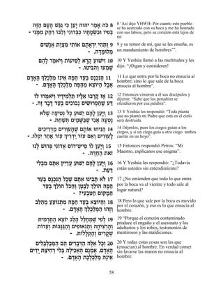 ‰f« ÌÚ‰ L«ƒ Èk ÔÚ» ‰Â‰È ¯Ó‡ ‰k 8
    ∆‰ »» b ƒ ≈È            «» …         8 ‘Así dijo YHWH: Por cuanto este pueblo
                                         se ha acercado con su boca y me ha honrado
- Èp ∆Ó ˜Á¯ …aƒ¿ Èƒe„aƒ ÂÈ˙ÙNƒe ÂÈÙ¿
   ƒn ƒ « ƒ Â ÏÂ     ¿k »» ¿· ƒa         con sus labios, pero su corazón está lejos de
                                         mí
     ÌÈL ¬ ˙ÂˆÓ È˙…‡ Ì˙‡¯È È‰z« 9
        ƒ»‡ «¿ƒ ƒÂ » » ¿ƒ ƒ ¿e           9 y su temor de mí, que se les enseña, es
                         - .‰„n ÏÓ
                             »»e ¿       un mandamiento de hombres’”.

    Ì‰» ¯Ó‡È¿ ˙…ÚÈq« ‡¯˜ ÚeLÈÂ 10
     ∆Ï « …Â Â ƒÏ »» « ƒ                 10 Y Yeshúa llamó a las multitudes y les
                    - .eËÈaƒ¿ eÚÓL
                          ƒ‰Â ¿ »        dijo: “¡Oigan y consideren!

Ì„‡‰ ¿ ≈¿«Ó … È‡ ‰t« „Ú¿ Ò»Îƒ‰ 11
 »»» ÍÏÎÏ ¿ Â ≈ ∆‰ «a ¿p «               11 Lo que entra por la boca no ensucia al
   - .Ì„‡‰ ¿ ≈¿«Ó ‰t«Ó ‡ˆ…i‰ Ï·‡
                                         hombre; sino lo que sale de la boca
        »»» ÍÏÎÏ ¿ ∆‰ ≈ ≈Â « »¬          ensucia al hombre”.

   Â ¿ …Â » ƒÏ « »≈ ¿» »
   …Ï e¯Ó‡È¿ ÂÈ„ÈÓ¿z ÂÈÏ‡ e·¯˜ Ê‡ 12     12 Entonces vinieron a él sus discípulos y
                                         dijeron: “Sabe que los perushim se
  - .‰Ê ¯·c „Ú¿ ÌÈÎ…·¿ ÌÈN ¯t«L Úc
      ∆ » » «a ƒÂ        ƒe ¿‰ ∆ «       ofendieron por esa palabra”.

      ‡…L ‰ÚÈË¿ Ïk ÚeL≈ Ì‰» ÔÚ»Â 13
       l ∆ » ƒ » « È ∆Ï ≈È ¿             13 Y Yeshúa les respondió: “Toda planta
                                         que no plantó mi Padre que está en el cielo
          - .˙ÁL ¿ ÌÈ «M«L È·‡ ‰ÚË»
              ≈ «z ƒÓ »a ∆ ƒ¬ »¿         será destruida.

     ÌÈÎÈ¯„Ó ÌÈ¯eÚ »L Ì˙…‡ eÁÈƒ‰ 14
       ƒ ƒ¿« ƒ¿ƒ‰ ∆ »Â           ≈       14 Déjenlos, pues los ciegos guían a los
                                         ciegos, y si un ciego guía a otro ciego ambos
- .eÏÙƒ ¯Á‡ ¯…Ú ¿ È¯„È ¯…Ú Ì‡¿ ÌÈ¯eÚ »
     ¿È ≈« Â Í ƒ¿« Â ƒÂ ƒ¿ƒÏ             caerán en un hoyo”.

  e » Le¯t Èƒ…„‡ Ò…¯"ËÈÈÙ …Ï ÔÚ»Â 15
    Ï    ¿ Â ¬ Â ¿ ≈ Â ≈È ¿              15 Entonces respondió Petros: “Mi
                       - .‰c«‰ ˙‡Ê
                            »Á« …        Maestro, explícanos ese enigma”.

   ÈÏ¿Ó Ìzƒ ÔÈÈ «Ú ÚeL≈ Ì‰» ÔÚ»Â 16
    ƒa ƒ »‡ ƒ„¬ « È ∆Ï ≈È ¿              16 Y Yeshúa les respondió: “¿Todavía
                             - .˙Úc
                                 ««      están ustedes sin entendimiento?

    „Ú¿ Ò»Îƒ‰ Ïk ∆ Ìzƒ e È·z ‡… 17
     «a ¿p « »L »‡ ƒ» Ï                  17 ¿No entienden que todo lo que entra
      „Ú¿ ¿ ≈…‰ Ïk«¿ ÔË∆Ï ¿ ≈…‰ ‰t«
        «a ÍÏÂ …‰Â ∆a« ÍÏÂ ∆‰            por la boca va al vientre y todo sale al
                                         lugar natural?
                   - ?ÈÚ¿h« Ì…˜n«
                       ƒ·ƒ‰ Â »‰
   ·l«Ó ÚÚ… ˙Ó ‰t« „Ú¿ ‡ˆ…i‰¿ 18
    ≈‰ ≈ «≈Â ¿ ƒ ∆‰ «a ≈Â «Â             18 Pero lo que sale por la boca es movido
               - .Ì„‡‰ ¿ ≈¿«n« e‰ÊÂ
                                         por el corazón, y eso es lo que ensucia al
                   »»» ÍÏÎÏ ¿‰ ∆¿        hombre.

    ˙ÈÓ¯z« ‡ˆ…È ·l« Ïl«n ∆ ÈÙ¿ 19
      ƒ ¿«‰ ≈Â ≈‰ ≈Á ¿L ƒÏ               19 “Porque el corazón contaminado
                                         produce el engaño y el asesinato y los
    ˙…„Ú¿ ˙…·p«‰¿ ÌÈÙe‡p«¿ ‰ÁÈˆ¯‰¿
     Â ≈Â Â »b «Â ƒ ƒ‰Â » ƒ ¿»Â          adulterios y los robos, testimonios de
                 - .˙…ÏÏw«¿ ÌÈ¯˜ ¿
                      Â » ¿‰Â ƒ»L        mentirosos y las maldiciones.

    ÌÈÏ¿Ï«n« Ì‰ ÌÈ¯·c« ‰l≈ ÏÎ¿ 20
       ƒa¿· ¿‰ ≈ ƒ»¿‰ ∆‡ »Â              20 Y todas estas cosas son las que
                                         (ensucian) al hombre. En verdad comer
 ÌÈ «È ˙ˆÈÁ¯ ÈÏ¿ ‰ÏÈÎ‡‰ Ì»Ó‡ .Ì„‡‰
  ƒ„» « ƒ ¿ ƒa » ƒ¬» ¿ » »»»             sin lavarse las manos no ensucia al
               - .Ì„‡‰ ˙Î∆¿«Ó d»È‡
                   »»» ∆ÏÎÏ ¿ ≈          hombre.


                                    58
 