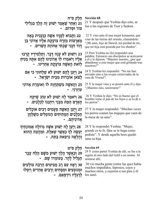 Á"Ò ˜ÏÁ
                                 ∆≈    Sección 68
         ¿ «‰ ‰Ê ÚeL≈ ¯Ó‡L ¯Á‡¿ 21
  ÈÏÈÏ¿ƒ ÍÏ» ∆ « È « » ∆ ≈«Â
   ≈ ƒ‚a                               21 Y después que Yeshúa dijo esto, se
                                       fue a las regiones de Tsor y Sedom.
                       - .Ì…„Òe ¯…ˆ
                           Â ¿ Â
   ‰‡» ˙ÈƒÚ«k ‰Mƒ ÂÈ»Ù¿ ‡…·˙¿ 22
     »a ¬ ¿ »‡ »Ï Â »Â                  22 Y vino ante él una mujer kenaanita, que
                                       vino de las tierras del oriente, clamándole:
  Ôa Èƒ…„‡ ÂÈÏ‡ ˙˜∆…ˆ Á¯ÊÓ ˙…ˆ¯‡Ó
   ≈ Â ¬ »≈ ∆ÚÂ »¿ƒ Â »¬≈              “¡Mi amo, hijo de Dawid, ten piedad de mí,
      - .ÌÈ„M« ˙ÊeÁ‡ Èz¿L Èƒp ƒ „Âc
           ƒ≈‰ « ¬ ƒ· « »Á ƒ»          que mi hija está poseída por los shedim”.

 e·¯˜ ÂÈ„ÈÓ¿˙¿ .¯·c ‰»Ú ‡… ÚeL≈Â 23
   ¿» » ƒ Ï « Â » » » Ï « È ƒ          23 Pero Yeshúa no (le) respondió una
                                       palabra. Entonces sus discípulos se acercaron
ÁÈƒÓ dzƒ Ì‰» e È≈…„‡ …Ï e¯Ó‡È¿ ÂÈÏ‡
« ≈ »‡ ∆Ï Â ¬ Â ¿ …Â »≈                a él y le dijeron: “Maestro nuestro, ¿por qué
                                       abandonas a esta mujer que está gritando tras
        - .e È¯Á‡ ˙˜∆…ˆ ‰Mƒ‰ ˙‡Ê¿
              ≈¬« ∆ÚÂ »‡» …Ï           nosotros?”

  Ì‡ Èk ÈƒeÁÏL ‡… ÚeL≈ Ì‰» ÔÚ»Â 24
   ƒ ƒ      »¿ Ï « È ∆Ï ≈È ¿           24 Y Yeshúa les respondió: “No me han
                                       enviado sino a las ovejas extraviadas de la
       - .Ï‡¯Nƒ ˙Èa ƒ ˙…„·…‡ Ô‡v«
            ≈ »¿È ≈Ó Â ¿Â … Ï          casa de Yisrael”.

 Èƒ…„‡ ˙¯Ó…‡Â …Ï ‰ÂÁz ¿Ó ‰Mƒ‰¿ 25
   Â ¬ ∆∆Â ¿ Â ∆¬«L ƒ »‡»Â             25 Y la mujer vino y se postró ante él y dijo:
                                       “¡Maestro mío, socórrame!”
                          - .Èƒ¯Ê…Ú
                               ≈¿Â
    Áwƒ∆ ·…Ë ‡… ÚeL≈ d» ¯Ó‡È¿ 26
      «iL Â Ï « È Ï « …Â                26 Y Yeshúa le dijo: “No es bueno que el
                                       hombre tome el pan de los hijos y se lo dé a
   - .ÌÈ·»¿Ï … ≈˙ƒÂ È≈·Ó ˙t« Ì„‡‰
        ƒÏk« Â ¿È¿ ¿ƒ «‰ »»»           los perros”.

   ÌÈÏ»…‡ ÌÈa « ÌÈÓÚt ‰Mƒ‰ ÔÚ»Â 27
     ƒÎÂ    ƒ¯ ƒ»¿ »‡» ≈È ¿            27 Y la mujer respondió: “Muchas veces
    ÔÁ¿M ƒ ÌÈÏÙ…p‰ ÌÈ˙È˙t« ÌÈ·»¿‰
     »Ï ÀÓ ƒ¿Â « ƒ ƒ¿‰ ƒÏk«            los perros comen las migajas que caen de
                                       la mesa de su amo”.
                        - .Ì‰È≈…„‡
                            ∆ Â ¬
» È˙«eÓ‡ ‰Ï…„b ‰Mƒ ÚeL≈ d» ÔÚ»Â 28
Í ¿ ¬ »Â ¿ »‡ « È Ï ≈È ¿               28 Y le respondió Yeshúa: “Mujer,
   ‡e‰‰ ˙Ú‰Óe .˙Ï‡L ¯L¬« » ¿ ‰N¬«
      « ≈» ≈ «≈ ¿ ∆‡k ÍÏ ∆ÚÈ           grande es tu fe. Que se te haga como
                                       pediste”. Y desde aquella hora quedó
               - .‰z« ˙‡t ¿ƒ ‰‡¿‰¿
                   ≈a ≈¯ »Ï»Â          sana su hija.

                           Ë"Ò ˜ÏÁ∆≈   Sección 69
  ¯·Ú Ál« ÌM ƒ ÚeL≈¿ «‰ ¯L¬«¿ 29
   «» «‰ »Ó « È ÍÏ» ∆‡ÎÂ               29 Y como partió Yeshúa de allí, se fue a la
                                       región al otro lado del Galil a un monte. Al
           - .ÌL …„Ó…Úa .¯‰» ÏÈÏ»‰
               » Â ¿Â « »Ï ƒb«         sentarse allí,
 ÌÈÚ¿…ˆ ‰a ¿‰ ÌÈËÈa « ·¯ ÌÚ ‰‡¯ 30
   ƒÏÂ ≈¯ « ƒ ƒÓ » ƒ » »                30 vio mucha gente (entre las que) había
                                       muchos impedidos, leprosos, cojos y
 eÏÙƒÂ ÌÈ¯Á‡ ÌÈa «Â ÌÈÁÒÙe ÌÈÚ»e Óe
   ¿È ¿ ƒ≈¬ ƒ¯ ¿ ƒ»¿ ƒb ¿              muchos otros, y cayeron a sus pies y él
                   - .Ì‡t «ÈÂ ÂÈÏ¿¯Ï
                       ≈¿¯ ƒ »‚ «¿     los sanó.




                                  59
 