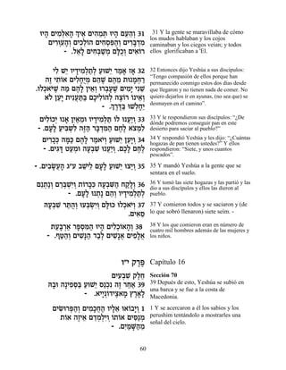 eÈ‰ ÌÈÓ¿‡‰ ¿ È‡ ÌÈ‰Óz eÈ‰ ÌÚ‰¿ 31
   » ƒ l ƒ » Í ≈ ƒ ≈ ¿ » ≈ ≈Â             31 Y la gente se maravillaba de cómo
                                         los mudos hablaban y los cojos
    ÌÈ¯eÚ »¿ ÌÈÎ¿…‰ ÌÈÁÒt«¿ ÌÈ¯a ¿Ó
      ƒ¿ƒ‰Â ƒÏÂ       ƒ¿ƒ‰Â ƒ»„ ƒ        caminaban y los ciegos veían; y todos
         - .Ï‡» ÌÈÁ¿L ¿ ÌlÀ¿ ÌÈ‡…¯
              ≈Ï ƒa «Ó »ÎÂ ƒÂ            ellos glorificaban a 'El.


       ÈÏ L≈ ÂÈ„ÈÓ¿˙¿ ÚeL≈ ¯Ó‡ Ê‡ 32
        ƒ È » ƒÏ «Ï « È « » »            32 Entonces dijo Yeshúa a sus discípulos:
                                         “Tengo compasión de ellos porque han
    ‰Ê È˙…‡ ÌÈÏÁÀÓ Ì‰L Ì‰Ó ˙e ÓÁ¯
     ∆ ƒÂ      ƒ»È ¿ ≈ ∆ ∆ ≈ » ¿ «       permanecido conmigo estos dos días desde
.eÏÎ‡i ∆ ‰Ó Ì‰» ÔÈ‡¿ e¯·ÚL ÌÈÓ» ÈƒL
   ¿ …L « ∆Ï ≈Â ¿» ∆ ƒÈ ≈                que llegaron y no tienen nada de comer. No
   ‡… ÔÚ» ˙ÈƒÚz« ÌÎÈÏ…‰Ï ‰ˆ…¯ … È‡¿
     Ï ≈È ¬«a » ƒÂ ¿ ∆Â Â ≈Â             quiero dejarlos ir en ayunas, (no sea que) se
                         ¿ ∆∆a Ï»È
                       - .Í¯c« eL¿Á≈     desmayen en el camino”.

  ÌÈÏ…ÎÈ e ‡ ÔÈ«Óe ÂÈ„ÈÓ¿z …Ï e Ú«Â 33
    ƒÂ ¿ » ƒ‡ ≈ » ƒÏ « Â ¬È ¿            33 Y le respondieron sus discípulos: “¿De
                                         dónde podremos conseguir pan en este
 - .ÌÚ» ÚÈa ¿ƒ ‰f« ¯a ¿n« ÌÁ∆ ‡ˆÓƒ
     »Ï « ƒ˘Ï ∆‰ »„ ƒ‰ ∆Ï … ¿Ï           desierto para saciar al pueblo?”

   ÌÈ¯Îk ‰n« Ì‰» ¯Ó‡È¿ ÚeL≈ ÔÚ»Â 34
     ƒ»¿ »k ∆Ï « …Â « È ≈È ¿             34 Y respondió Yeshúa y les dijo: “¿Cuántas
                                         hogazas de pan tienen ustedes?” Y ellos
   - .ÌÈ‚c ËÚÓe ‰Ú¿L e Ú«Â .ÌÎ» ÌÁ∆
        ƒ» «¿ »· ƒ ¬È ¿ ∆Ï ∆Ï            respondieron: “Siete, y unos cuantos
                                         pescados”.

- .ÌÈ·N¬‰ ‚"Ú ·L ≈ ÌÚ» ÚeL≈ eˆÈ¿ 35
     ƒ »Ú»     ≈ÈÏ »Ï « È «Â             35 Y mandó Yeshúa a la gente que se
                                         sentara en el suelo.

Ì≈˙«Â Ì¯a ¿È¿ ˙…¯kƒ ‰Ú¿M« Á˜»¿ 36
  ¿ ¿ ≈¿LƒÂ Â »k »· ƒ‰ «ÏÂ               36 Y tomó las siete hogazas y las partió y las
                                         dio a sus discípulos y ellos las dieron al
          - .ÌÚ» e ˙» Ì‰¿ ÂÈ„ÈÓ¿˙¿
               »Ï ¿ ≈Â » ƒÏ «Ï           pueblo.

  ‰Ú¿L ¯zÀ¿ eÚa ¿È¿ Ìl k eÏÎ‡È¿ 37
   »· ƒ «‰Â ¿NƒÂ »e ¿ …Â                 37 Y comieron todos y se saciaron y (de
                              .ÌÈ‡Ò
                                 ƒ≈      lo que sobró llenaron) siete seím. -

     ˙Ú»¯‡ ¯t¿n« eÈ‰ ÌÈÏ¿…‡‰¿ 38
       «a ¿« »Ò ƒ‰ » ƒÎÂ »Â              38 Y los que comieron eran en número de
                                         cuatro mil hombres además de las mujeres y
    - .Ûh«¿ ÌÈL»‰ „·¿ ÌÈL ¬ ÌÈÙ»‡
        «‰Â ƒp« «Ï ƒ»‡ ƒÏ¬               los niños.



                             Â"È ˜¯t
                                  ∆∆     Capítulo 16
                        ÌÈÚ¿L ˜ÏÁ
                          ƒ· ƒ ∆≈        Sección 70
    d»e ‰»ÈÙq« ÚeL≈ Ò«Îƒ ‰Ê ¯Á‡ 39
     ·     ƒ¿a « È ¿ ∆ ≈«                39 Depués de esto, Yeshúa se subió en
                                         una barca y se fue a la costa de
               - .‡ÈÈ Â„Èˆ‡Ó ı¯‡»
                     »¿… ∆ » ∆»Ï         Macedonia.

      ÌÈN ¯t«¿ ÌÈÓ»Á‰ ÂÈÏ‡ e‡…·È¿ 1
        ƒe ¿‰Â ƒÎ¬« »≈ Â »Â              1 Y se acercaron a él los sabios y los
        ˙…‡ ‰ÊÈ‡ Ì„Ó¿ƒÂ …˙…‡ ÌÈq ¿
         Â ∆ ≈ ≈¿ÏÈ ¿Â Â       ƒ«Ó       perushim tentándolo a mostrarles una
                                         señal del cielo.
                        - .ÌÈ «M«Ó
                            ƒÓ »‰ ≈

                                    60
 