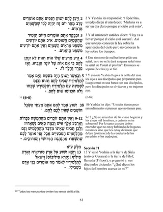 ÌÈ¯Ó…‡ Ìz« ÌÈÙ≈Á ÚeL¿ Ì‰» ÔÚ»Â 2
        ƒ¿Â ∆‡ ƒ ¬ « È ∆Ï ≈È ¿                              2 Y Yeshúa les respondió: “Hipócritas,
       ÌÈ «M«L ÈÙ¿ ‰È¿ƒ ÁÊ Ì…È ¯ÁÓ ·¯Ú
         ƒÓ »‰ ∆ ƒÏ ∆‰È » Â » » ≈»                          ustedes dicen al atardecer: ‘Mañana va a
                                                            ser un día claro porque el cielo está rojo’.
                                 - .ÌÈn À‡
                                      ƒ„¬
         ¯ÈËÓ« Ì…i‰ ÌÈ¯Ó…‡ Ìzƒ ¯˜»·e 3
           ƒ ¿È Â « ƒ¿Â »‡ »a«                              3 Y al amanecer ustedes dicen: ‘Hoy va a
        ÌÈÚ„…È Ìzƒ Î"‡ .ÌÈÎeLÁ ÌÈ «M«L
          ƒ ¿Â »‡         ƒ ¬ ƒÓ »‰ ∆                       llover porque el cielo está oscuro’. Así
                                                            que ustedes conocen la ley sobre la
    ÌÈÚ„…È Ìzƒ ÔÈ‡¿ ÌÈ «M« ÌÈ‡¯Ó Ët ¿Ó
      ƒ ¿Â »‡ ≈Â ƒÓ »‰ ƒ ¿« »L ƒ                            apariencia del cielo pero no conocen la
                        - .ÌÈp «¿‰ Ët ¿Ó
                             ƒÓf« »L ƒ                      ley sobre los tiempos.

       Ô˙»È ‡… ˙…‡Â ˙…‡ …lL ÌÈÚ¯Ó Ú¯Ê 4
        ≈pƒ Ï Â ¿ Â Â ∆ ƒ ¿ƒ «»                             4 Una simiente de malhechores pide una
                                                            señal, pero no se le dará ninguna señal sino
        Ê‡¿ .‡È·»‰ ‰»…È ÏL ˙…‡ Ì‡ Èk Ì‰»
         »Â ƒp« Â ∆ Â ƒ ƒ ∆Ï                                la señal de Yonah el profeta”. Entonces se
                          - .…Ï ¿ «‰¿ „¯Ùƒ
                             Â ÍÏ»Â «¿                      separó (de ellos) y se fue.

        ¯Ó‡ Ìi« ˙ÙNƒ ‰È» ÚeL≈ ¯L¬«¿ 5
          « » »‰ « ¿a »‰ « È ∆‡ÎÂ                           5 Y cuando Yeshúa llegó a la orilla del mar
                                                            les dijo a sus discípulos que prepararan pan.
             Ò«Îƒ ‡e‰Â ÌÁ∆ epÈk ∆ ÂÈ„ÈÓ¿˙¿
               ¿     ¿ ∆Ï ƒL » ƒÏ «Ï                        Luego entró en una barca con sus discípulos,
        eÁÎL ÂÈ„ÈÓ¿˙¿ ÂÈ„ÈÓ¿z ÌÚ ‰»ÈÙq«
          ¿» » ƒÏ «Â » ƒÏ « ƒ ƒ¿Ï                           pero los discípulos se olvidaron y no trajeron
                   - .ÌÁ∆ ÌeL eÒÈƒÎ‰ ‡…¿
                       ∆Ï           ¿ƒ ÏÂ                   pan.

   20 (6-8)                                                 (6-8a)

       ÏÎO« ÈzƒÓ Ìzƒ Ì‰» ¯Ó‡ ÚeL≈ ·8
        ∆≈‰ ≈Ú ≈ »‡ ∆Ï « » « È                               8b Yeshúa les dijo: “Ustedes tienen poco
                                                            entendimiento si piensan que no tienen pan.
               ' .ÌÁ∆ ÌÎ» ÔÈ‡L ÌÈ·LÂÁ
                   ∆Ï ∆Ï ≈ ∆ ƒ ¿…
   ˙…¯kƒ ‰L ¿Á‰Ó ÌÈ¯Î…Ê Ìzƒ ÔÈ‡¿ 9-12
    Â »k »Ó«« ≈ ƒ¿Â »‡ ≈Â                                   9-12 ¿No se acuerdan de las cinco hogazas y
                                                            los cinco mil hombres, y cuántos seím
      ?e¯‡L ÌÈ‡Ò ‰n«¿ LÈ‡ ÛÏ‡ Úa ¿‡¿
         ¬ ¿ƒ ƒ¬ »ÎÂ ƒ ∆∆ «¯ «Â                             sobraron? Por lo tanto ustedes deben
                                                            entender que no estoy hablando de hogazas
    Ì‚¿ LÈÓ»Á‰Ó ¯a ¿Ó … È‡L e È·z ÔÎ»¿
     «Â ƒl«« ≈ »„ ƒ Â ≈ ∆ ƒ» ≈ÏÂ                            naturales sino que les estoy diciendo que
   ÌÎ» ¯ÓÂ‡ Èƒ‡ Ï·‡ ÌÈiƒ¿h« ÌÈÓÁ¿‰Ó
    ∆Ï ≈… ¬ »¬ ƒÚ·ƒ‰ ƒ »l« ≈                                deben (cuidarse) de la conducta de los
                                                            perushim y los tsadoqim.
   - .ÌÈ˜Â„v«¿ ÈL ¯t« ˙‚‰«‰Ó e¯‡M ƒL
        ƒ… ¿‰Â ƒe ¿‰ ∆∆p« ≈ ¬ »z ∆
                             ‡"Ú ˜ÏÁ∆≈                     Sección 71
     ı¯‡¿ ‰"‡È¯eÒ ı¯‡ Ï‡ ÚeL≈ ‡ˆ»Â 13
      ∆∆Â » ƒ ∆∆ ∆ « È »È ¿                                13 Y salió Yeshúa a la tierra de Siria
            Ï‡LƒÂ [Ò…·ÈÏÈÙ ‡¯˜ Û…ÏÈÙ
             « ¿È¿ Â ƒ ƒ »¿ƒ] Â ƒ                          (esto es Cesarea) y la tierra de Filof,
                                                           llamada (Filipos), y preguntó a sus
     Ì„‡ È≈a ÌÈ¯Ó…‡ ‰Ó ¯Ó‡Ï ÂÈ„ÈÓ¿˙¿
      »» ¿ ƒ¿Â « … ≈ » ƒÏ «Ï                               discípulos diciendo: “¿Qué dicen los
                            - .ÈÏÈ·Lƒ
                                ƒ ƒ ¿a                     hijos del hombre acerca de mí?”




20 Todos los manuscritos omiten los versos del 6 al 8a.


                                                      61
 