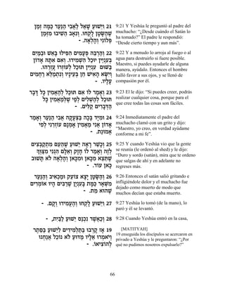 ÔÓ¿ ‰n« ¯Ú«‰ È·‡« Ï‡L ÚeL≈Â 21
  «Ê »k «p« ƒ¬Ï « » « Èƒ              9:21 Y Yeshúa le preguntó al padre del
    ÔÓ¿Ó e·ÈL≈ ·‡ƒÂ .eÁ˜» ÔËO«L
     «f ƒ ƒ‰ » ¿ ¿Ï » »‰ ∆            muchacho: “¿Desde cuándo el Satán lo
                                      ha tomado?” El padre le respondió:
                   - .‰‡¿‰¿ Èƒ…Ït
                       »Ï »Â Â ¿      “Desde cierto tiempo y aun más”.

 ÌÈ «·e L‡» eÏÈtƒ ÌÈÓÚt ‰a ¿‰¿ 22
  ƒn« ≈a ƒ‰ ƒ»¿ ≈¯ «Â                 9:22 Y a menudo lo arroja al fuego o al
 Ô…„‡ dzƒ Ì‡¿ .e„ÈÓLƒ ÏÎeÈ ÔÈÈ ƒa
  Â » »‡ ƒÂ         ƒ ¿‰ « «¿Ú¿       agua para destruirlo si fuere posible.
                                      Maestro, si puedes ayudarle de alguna
     .e‰¯ÊÚ …¯Ê…ÚÏ ÏÎez ÔÈÈ ƒ ÌeM«
        ≈¿» Â ¿Â ¿ « ≈¿Ú          a   manera, ayúdalo. Entonces el hombre
ÌÈÓÁ¯ ‡l «˙ƒÂ ÂÈ»ÈÚ¿ ÔÁ LÈ‡‰ ‡OƒÂ
  ƒ ¬ « ≈Ó ¿ ¿ ≈a ≈ ƒ» »È¿            halló favor a sus ojos, y se llenó de
                            - .ÂÈÏÚ
                                 »»   compasión por él.

¯·c Ïk ÔÈÓ‡‰¿ ÏÎez Ì‡ …Ï ¯Ó‡¿ 23
 » » » ƒ ¬ «Ï «      ƒ Â « »Â         9:23 El le dijo: “Si puedes creer, podrás
     Ïk ÔÈÓ‡Ó¿L ÈÙ¿ ÌÈÏL«¿ ÏÎez
      » ƒ ¬ «l ∆ «Ï ƒ¿‰Ï «            realizar cualquier cosa, porque para el
                                      que cree todas las cosas son fáciles.
                  - .ÌÈl « ÌÈ¯·c«
                       ƒ˜ ƒ»¿‰
¯Ó‡¿ ¯Ú«‰ È·‡ ‰˜»v« ‰Î» „i ƒe 24
 « »Â «p« ƒ¬ »Ú¿a »a »Ó               9:24 Inmediatamente el padre del
    ÈÙ¿ Èƒ¯Ê…Ú Ì»Ó‡ ÔÈÓ‡Ó Èƒ‡ Ô…„‡
     ƒÏ ≈¿  Â    ¿» ƒ¬« ¬ Â »         muchacho clamó con un grito y dijo:
                                      “Maestro, yo creo, en verdad ayúdame
                         - .˙«eÓ‡¡    conforme a mi fe”.

ÌÈˆ¿˜ ¿Ó ÌÚ‰L ÚeL≈ ‰‡¯ ¯L»¿ 25
  ƒa «˙ ƒ ≈≈ ∆ « È » » ≈ÎÂ            9:25 Y cuando Yeshúa vio que la gente
  » ¿v ƒ Èƒ¿‰ ÌÏ‡¿ ˜ÊÁ …Ï ¯Ó‡¿ ‰ÊÏ
  Íe «Ó ƒ »≈Â »» Â « »Â ∆¿            se reunía (le ordenó al shed) y le dijo:
                                      “Duro y sordo (satán), mira que te ordeno
·eLz ‡… ‰‡¿‰¿ Ô‡k ƒe Ô‡k ƒ ‡ˆz ∆
    » Ï »Ï»Â »Ó »Ó ≈≈L                que salgas de ahí y en adelante no
                        - .„…Ú Ô‡k
                            Â    »    regreses más.

 ¯Ú«‰¿ ·È‡¿Óe ˜Ú…ˆ ‡ˆ» ÔËO«¿ 26
   «p«Â ƒÎ « ≈Â »È » »‰Â              9:26 Entonces el satán salió gritando e
ÌÈ¯Ó…‡ eÈ‰ ÌÈa «L ÔÈ ƒa ˙n« ¯‡M ƒ
  ƒ¿Â » ƒ¯ ∆ »¿Ú» »k » ¿Ó             infligiéndole dolor y el muchacho fue
                                      dejado como muerto de modo que
                      - .˙Ó ‡e‰L
                          ≈    ∆      muchos decían que estaba muerto.

    - .Ì˜¿ e„ÈÓÚ‰¿ eÁ˜» ÚeL≈Â 27
        »Â ƒ¡∆Â ¿Ï « Èƒ               9:27 Yeshúa lo tomó (de la mano), lo
                                      paró y él se levantó.

      - ,˙È«Ï ÚeL≈ Ò«Îƒ ¯L¬«¿ 28
          ƒa« « È ¿ ∆‡ÎÂ              9:28 Cuando Yeshúa entró en la casa,

 ¯˙q« ÚeL≈Ï ÌÈ„ÈÓ¿z« e·¯˜ Ê‡ 19
  ∆ ≈a « Èƒ ƒ ƒÏ «a ¿» »                 [MATITYAH]
                                      19 enseguida los discípulos se acercaron en
   e Á«‡ ÏÎ… ‡… ÚecÓ ÂÈÏ‡ e¯Ó‡È¿
     ¿ ¬ ≈Â Ï « « »≈ ¿ …Â             privado a Yeshúa y le preguntaron: “¿Por
                      - .…‡Èˆ…‰Ï
                         Â ƒÂ ¿       qué no pudimos nosotros expulsarlo?”




                                 66
 