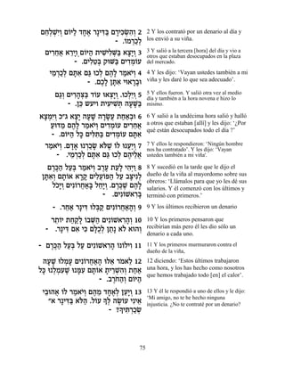 ÌÁ¿LƒÂ Ì…i« „Á‡ ¯»Èc« Ì¯Èk ¿‰¿ 2
 ≈Ï ¿È¿ Â Ï »∆ ƒa » ƒNƒÂ              2 Y los contrató por un denario al día y
                       - .…Ó¯ÎÏ
                          Â ¿«¿       los envió a su viña.

 ÌÈ¯Á‡ ‡¯ÈÂ¿Ì…i‰ ˙ÈL ƒM« ‡ˆ»Â 3
   ƒ≈¬ ≈» Â « ƒÈÏ ¿a »È ¿             3 Y salió a la tercera [hora] del día y vio a
                                      otros que estaban desocupados en la plaza
          - .ÌÈÏË¿ ˜eM« ÌÈ„Ó…Ú
               ƒ≈a     a ƒ¿Â          del mercado.

  ÈÓ¯ÎÏ Ìzƒ Ìb eÎÏ Ì‰» ¯Ó‡È¿ 4
   ≈ ¿«¿ »‡ « ¿ ∆Ï « …Â               4 Y les dijo: ‘Vayan ustedes también a mi
              - .ÌÎ» Ôzƒ Èe‡¯·e
                   ∆Ï »‡ »»           viña y les daré lo que sea adecuado’.

     Ì‚¿ ÌÈ¯‰v« „…Ú e‡ˆ»Â .eÎÏ≈Â 5
      «Â ƒ»¿a Â        ¿È ¿ ¿È ¿      5 Y ellos fueron. Y salió otra vez al medio
                                      día y también a la hora novena e hizo lo
         - .Ôk ˘ÚÈÂ ˙ÈÚÈL ¿ ‰ÚM«
             ≈        ƒ ƒz » »a       mismo.

‡ˆÓƒÂ Î"‚ ‡ˆ» ‰ÚL ‰¯N¬ ˙Á‡¿e 6
 »¿È¿      »È » » »»Ú ««·             6 Y salió a la undécima hora salió y halló
   ÚecÓ Ì‰» ¯Ó‡È¿ ÌÈ„Ó…Ú ÌÈ¯Á‡
   « « ∆Ï « …Â ƒ¿Â          ƒ≈¬       a otros que estaban [allí] y les dijo: ‘¿Por
                                      qué están desocupados todo el día ?’
   - .Ì…i‰ Ïk ÌÈl ƒa ÌÈ„Ó…Ú Ìzƒ
        Â « » ƒz« ƒ¿Â »‡
 ¯Ó‡È¿ .Ì„‡ e ¯ÎN ‡…L …Ï e Ú«Â 7
  « …Â »» ¿«» l ∆ Â ¬È ¿              7 Y ellos le respondieron: ‘Ningún hombre
                                      nos ha contratado’. Y les dijo: ‘Vayan
     - .ÈÓ¯ÎÏ Ìzƒ Ìb eÎÏ Ì‰ÈÏ‡
          ≈ ¿«¿ »‡ « ¿ ∆ ≈¬           ustedes también a mi viña'.

   Ì¯k« ÏÚ¿ ¯Ó‡È¿ ·¯Ú ˙Ú» È‰¿Â 8
    ∆∆‰ «a « …Â ∆∆ ≈Ï ƒÈ «            8 Y sucedió en la tarde que le dijo el
 Ôzƒ¿ Ì˙…‡ ‡¯˜ ÌÈÏÚ…t‰ ÏÚ ·v ¿
  »‡Â »Â »» ƒ¬Â « « »ÈƒÏ              dueño de la viña al mayordomo sobre sus
                                      obreros: ‘Llámalos para que yo les dé sus
    ÏÎ»Â ÌÈƒ…¯Á‡» ÏÁ»Â .Ì¯k ∆ Ì‰»
     …È¿ Â ¬«a ≈È ¿ ∆∆L ∆Ï            salarios. Y él comenzó con los últimos y
                    - .ÌÈƒ…L‡¯a
                            Â ƒ»      terminó con primeros.’

    - .¯Á‡ ¯»Èc eÏa « ÌÈƒ…¯Á‡‰¿ 9
        ≈« ƒ ¿˜ Â ¬«»Â                9 Y los últimos recibieron un denario

   ¯˙…È ˙Á˜» …·M« ÌÈƒ…L‡¯‰¿ 10
    ≈Â « «Ï Â ¿‰ Â ƒ»Â                10 Y los primeros pensaron que
  - .¯»Èc Ì‡ Èk ÌlÀ¿ Ô˙» ‡… ‡e‰Â
        ƒ ƒ ƒ »ÎÏ « Ï          ¿      recibirían más pero él les dio sólo un
                                      denario a cada uno.

- Ì¯k« ÏÚ¿ ÏÚ ÌÈƒ…L‡¯‰ … …ÏÈÂ 11
   ∆∆‰ «a « Â ƒ» Â Â ƒ                11 Y los primeros murmuraron contra el
                                      dueño de la viña,
 ‰ÚL eÏÓÚ ÌÈƒ…¯Á‡‰ el‡ ¯Ó‡Ï 12
   » » ¿» Â ¬«» ≈ … ≈                 12 diciendo: ‘Estos últimos trabajaron
Ïk e ¿ÓÚL e nƒ Ì˙…‡ ˙È¯Lƒ¿ ˙Á‡
 » Ï ¿ƒ ∆ »Ú »Â » ≈¿‰Â ««             una hora, y los has hecho como nosotros
                                      que hemos trabajado todo [en] el calor’.
                  - .·¯… ‰¿ Ì…i‰
                      ∆Á«Â Â «
 È·e‰‡ …Ï ¯Ó‡È¿ Ì‰Ó „Á‡¿ ÔÚ»Â 13
  ≈ ¬ Â « …Â ∆ ≈ »∆Ï ≈È ¿             13 Y él le respondió a uno de ellos y le dijo:
   "‡ ¯»Èc« ‡…‰ .Ï…Ú » ¿ ‰NÂÚ ÈƒÈ‡
         ƒa l« Â ÍÏ ∆… ≈              ‘Mi amigo, no te he hecho ninguna
                                      injusticia. ¿No te contraté por un denario?
                          » ƒ¯ «¿
                       - ?ÍÈz ¿ÎN



                                 75
 