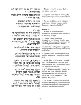∆¿ ≈Ï ∆Â ¬ ƒ » Ï ≈ »
‰ÊÏ ˙˙» ‰ˆ…¯ Èƒ‡ Ì‡ .Í¿e e Á˜ 14      14 Tómalo y vete. Si yo deseo darle a
                    » ¿Â ¿ Â ¬«»
                 - ,Í˙…Ók Ô…¯Á‡‰      este último como a ti,
» È∆ÈÚ¿ Ú„i‰ ?Èƒ…ˆ¯k ‰N¡‡ ‡…‰ 15
Í ≈a «∆« Â ¿ƒ ∆Ú∆ l«                  15 ¿no puedo hacer según mi deseo? ¿(Hay
                                      maldad) en tus ojos cuando soy bondadoso?’
                  - ?·…Ë Èƒ‡ ¯L¬«
                      Â ¬ ∆‡k
        ÌÈƒ…L‡¯ ÌÈƒ…¯Á‡ È‰¿ Ôk 16
           Â ƒ Â ¬ « ƒÈ ≈             16 Así que los últimos serán primeros, y
      Ì‰ ÌÈa « .ÌÈƒ…¯Á‡ ÌÈƒ…L‡¯‰¿
       ≈ ƒ¯        Â ¬« Â ƒ»Â         los primeros últimos. Muchos son los
                                      llamados y pocos los elegidos”.
      - .ÌÈ¯Á¿ƒ‰ ÌÈh«Óe ÌÈ‡e¯w«
           ƒ»·p« ƒÚ ¿ ƒ ¿‰
                                      Sección 85
                       ‰"Ù ˜ÏÁ
                            ∆≈        17 Y como se acercaba Yeshúa a
 ˙‡ Áwƒ ÌÏ˘e¯È Ï‡ ÚeL≈ ·¯˜ƒ 17
  ∆ «ÈÂ¿ ≈« ¿ ∆ « È «¿ÈÂ¿             Yerushalem, llamó a sus doce discípulos
 - Ì‰ÈÏ‡ ¯Ó‡È¿ ¯˙Ò¿ ÂÈ„ÈÓ¿z ·"È
     ∆ ≈¬ « …Â ∆ ≈a » ƒÏ «            en privado y les dijo:

   Ô·e ÌÏ˘e¯ÈÏ ÌÈÏ…Ú e Á«‡ ‰pƒ 18
    ≈ ≈« ƒ ƒÂ ¿ ¬ ≈‰                  18 “Miren, vamos subiendo a
                                      Yerushalem, y el Hijo del Hombre será
ÌÈƒ‰…‰¿ ÌÈÓ»Á‰ ÈÏ…„‚ƒ ¯ÒÓƒ Ì„‡‰
   ¬k«Â ƒÎ¬« ≈Â ¿Ï … ¿È »»»           entregado a los principales sabios y a los
                - .˙eÓÏ …‰…·ÈÈÁÈÈ«
                       » Â Â ≈ ¿Â     kohanim y lo condenarán a muerte,

   Â Â «Ï ƒÂ‚Ï Â Â ¿ ¿È «Â
   …˙…k‰¿ ÌÈ ¿ …˙…‡ e¯ÒÓƒ Ì‚¿ 19      19 y también lo entregarán a los gentiles
                                      para golpearlo y destruirlo y al tercer día
        - .ÈL ƒM« Ì…i«e …˙Èa ¿‰¿e
            ƒÈÏ ¿‰ Â · Â ƒL«Ï         (se levantará).
   ‰È∆a ÌÚ Ï‡È„·« ˙L≈ ‡a Ê‡ 20
   » » ƒ ≈ ƒ¿Ê ∆‡ » »                 20 Entonces vino la esposa de Zavdiel con
                                      sus hijos postrándose y haciendo un pedido
 - .epn ƒ ‰L »a ˙L ∆·Óe ‰ÂÁz ¿Ó
      ∆Ó »w« ∆w«¿ ∆¬«L ƒ              de él.

   ¯Ó‡˙¿ .Èˆ¯z ‰Ó ‰ÈÏ‡ ¯Ó‡È¿ 21
    « … Â ƒ ¿ƒ « » ∆≈ « …Â            21 Y él le dijo: “¿Qué deseas?” Y ella le
  „Á‡‰ ‰l≈ È≈a ÈƒL ˙·L» ‰e «z ∆
    »∆» ∆‡ ¿ ≈ ∆ ∆Ï ∆ˆ ¿L             dijo: “Que ordenes que estos dos hijos
   » ˙eÎÏÓ¿ » ¿‡ÓNƒ ÈƒM«¿»¿ÈÓÈÏ
 - .Í ¿ ¿«a ÍÏ … ¿Ï ≈‰Â Í ƒ ƒ
                                      míos se sienten uno a tu derecha y el otro
                                      a tu izquierda en tu reino”.
    ‰Ó Ô…Ú„z ‡… ÚeL≈ Ì‰» ÔÚ»Â 22
     « Â ¿ƒ Ï « È ∆Ï ≈È ¿             22 Y Yeshúa les respondió: “Ustedes no
     ÔÈ¯eqƒ‰ Ïa¿ƒ ÏÎe˙‰ .Ô…˘˜«˙
       ƒ i« …ÒÏ « ¬ Â ¿· ¿            saben lo que están pidiendo. ¿Pueden
                                      ustedes soportar el sufrimiento y la
 e¯Ó‡È¿ ?Ï…aÒƒ „È˙Ú Èƒ‡L ‰˙ÈÓ‰¿
   ¿ …Â Â ¿Ï ƒ» ¬ ∆ » ƒ ≈Â            muerte que yo voy a soportar?” Ellos
                         - .ÏÎ…
                             ≈Â       dijeron: “Podemos”.

    e·ÈLÂ‰Â ÈÒ…k e˙L Ì‰» ¯Ó‡È¿ 23
       ƒ… ¿ ƒÂ      » ∆Ï « …Â         23 Y él les dijo: “Beban mi copa, pero (que
                                      se sienten) a mi derecha o a mi izquierda no
  ‰z ƒ¿ ÈÏ ÔÈ‡ ÈƒÈÓÈÏ Ìb …‡ ÈÏ‡ÓNƒ
    »˙Ï ƒ ≈ ƒ ƒ « Â ƒ … ¿Ï            me toca a mí concedérselo a ustedes sino a
.È·‡ È≈Ùƒ Ô…Î» ‡e‰ ¯L¬« Ì‡ Èk ÌÎ»
  ƒ¬ ¿Ï Â            ∆‡Ï ƒ ƒ ∆Ï       quienes lo haya dispuesto mi Padre”.
                                 -



                                 76
 