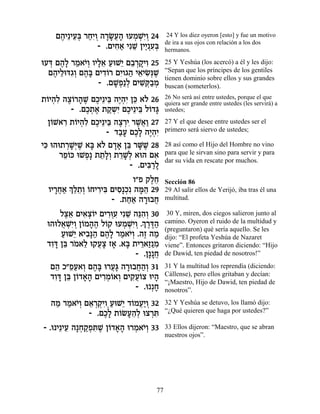 Ì‰È≈ÈÚ¿ ¯ÁƒÂ ‰¯N¬‰ eÚÓLƒÂ 24
     ∆ ≈a «È ¿ »»Ú» ¿ ¿È¿              24 Y los diez oyeron [esto] y fue un motivo
                                      de ira a sus ojos con relación a los dos
                - .ÌÈÁ‡ ÈƒL ÔÈÈ ƒa
                     ƒ« ≈ «¿Ú¿        hermanos.

eÚc Ì‰» ¯Ó‡È¿ ÂÈÏ‡ ÚeL≈ Ì·¯˜ ƒ 25
  ¿ ∆Ï « …Â »≈ « È ≈ ¿»ÈÂ             25 Y Yeshúa (los acercó) a él y les dijo:
  Ì‰ÈÏecƒ¿ Ì‰» ÌÈ„…¯ ÌÈ « È‡ÈN¿L
   ∆ ≈ ‚Â ∆a ƒÂ ƒÂ‚‰ ≈ ƒp ∆           “Sepan que los príncipes de los gentiles
                                      tienen dominio sobre ellos y sus grandes
                - .ÌL¿«Ï ÌÈL ¿·Ó
                    »Ù ¿ ƒw«¿         buscan (someterlos).
˙…È‰ƒ ‰ˆ…¯‰L ÌÎÈ≈Èa ‰È¿ƒ Ôk ‡… 26
  Â ¿Ï ∆Â » ∆ ∆ ≈ ∆‰È ≈ Ï             26 No será así entre ustedes, porque el que
                                      quiera ser grande entre ustedes (les servirá) a
          - .ÌÎ˙‡ ˙˜ ¿ƒ ÌÎÈ≈Èa Ï…„b
              ∆¿ ∆ «˘È ∆ ≈ Â »        ustedes;

   Ô…L‡¯ ˙…È‰ƒ ÌÎÈ≈Èa ‰ˆ¯È ¯L¬« 27
    Â ƒ Â ¿Ï ∆ ≈ ∆ ¿ƒ ∆‡Â             27 Y el que desee entre ustedes ser el
                    - „·Ú ÌÎ» ‰È¿ƒ
                       «» ∆Ï ∆‰È      primero será siervo de ustedes;

Èk e‰e˙¯L¿L ‡a ‡… Ì„‡ Ôa ¯M ∆ 28
 ƒ      ¿»i ∆ » Ï »» ≈ »L             28 así como el Hijo del Hombre no vino
      ¯Ù…k eLÙ» ˙˙»¿ ˙¯L¿ ‡e‰ Ì‡
       ≈Â     ¿ ≈ÏÂ ≈»Ï           ƒ   para que le sirvan sino para servir y para
                                      dar su vida en rescate por muchos.
                          - .ÌÈa «Ï
                               ƒ¯ »
                           Â"Ù ˜ÏÁ
                                ∆≈    Sección 86
    »¬« ¿ ≈˙¿ …ÁÈ¯Èa ÌÈÒ»Îƒ ‰n≈ 29
  ÂÈ¯Á‡ ÍÏ ≈Â Â ƒ ƒ ƒ ¿ »‰            29 Al salir ellos de Yerijó, iba tras él una
                     - .˙Á‡ ‰¯e·Á
                          «« » ¬      multitud.

     Ïˆ‡ ÌÈ‡ˆ…È ÌÈ¯eÚ ÈƒL ‰pƒ¿ 30
      ∆≈ ƒ¿Â ƒ¿ƒ ≈ ≈‰Â                 30 Y, miren, dos ciegos salieron junto al
                       ¿ ¿È¿ ¿ ∆∆‰
 e‰eÏ‡LƒÂ Ô…Ó‰‰ Ï…˜ eÚÓLƒÂ .Í¯c«
     ¬ ¿È¿ Â »∆ Â                     camino. Oyeron el ruido de la multidud y
                                      (preguntaron) qué sería aquello. Se les
     ÚeL≈ ‡È·»‰ Ì‰» ¯Ó‡È¿ .‰Ê ‰Ó
     « È ƒp« ∆Ï « …Â ∆ «              dijo: “El profeta Yeshúa de Nazaret
 „Âc Ôa ¯Ó‡Ï e˜Úˆ Ê‡ .‡a ˙È¯‡Ê«Ó
  ƒ» ≈ … ≈ ¬» » » ≈ « ƒ               viene”. Entonces gritaron diciendo: “Hijo
                           - .Ô»»Á
                                 ¬    de Dawid, ten piedad de nosotros!”

  Ì‰ Î"ÙÚ‡Â Ì‰» e¯Ú» ‰¯e·Á‰¿ 31
   ≈ ≈« ¿ ∆a ¬b » ¬«Â                 31 Y la multitud los reprendía (diciendo:
  „Âc Ôa Ô…„‡‰ ÌÈ¯Ó…‡Â ÌÈ˜¬…ˆ eÈ‰
   ƒ» ≈ Â »» ƒ¿Â ¿ ƒÚÂ »              Cállense), pero ellos gritaban y decían:
                                      “¡Maestro, Hijo de Dawid, ten piedad de
                           - .e ¿Á
                                 »    nosotros”.

  ‰Ó ¯Ó‡È¿ Ì‡¯˜ƒ ÚeL≈ „…ÓÚ«Â 32
   « « …Â ≈ ¿¿ÈÂ¿« È Â ¬È ¿           32 Y Yeshúa se detuvo, los llamó dijo:
            - .ÌÎ» ˙…NÚ‰¿ eˆ¯z
                ∆Ï Â »≈Ï ¿ƒ           “¿Qué quieren que haga por ustedes?”

- .e È≈ÈÚ ‰»Á˜¿z ∆ Ô…„‡‰ e¯Ó‡È¿ 33
        ≈ ¿ «Ù ƒL Â »» ¿ …Â           33 Ellos dijeron: “Maestro, que se abran
                                      nuestros ojos”.




                                 77
 