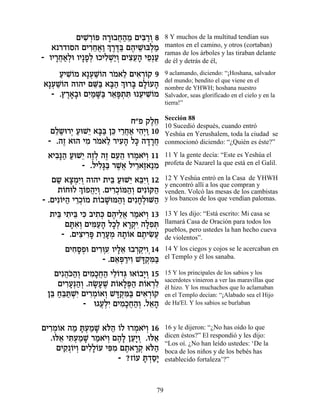ÌÈL ¿…t ‰¯e·Á‰Ó ÌÈa «Â 8
             ƒ¯Â » ¬« ≈ ƒ¯ ¿            8 Y muchos de la multitud tendían sus
   ‡ ¯„ÂÒ‰ ÌÈ¯Á‡«¿ ¯c« Ì‰ÈL a¿Ó
              ƒ≈¬Â Í ∆∆a ∆ ≈e Ï «       mantos en el camino, y otros (cortaban)
                                        ramas de los árboles y las tiraban delante
- ÂÈ¯Á‡¿e ÂÈ»Ù¿ eÎÈÏL«Â ÌÈˆÚ‰ ÈÙ¿Ú
    »¬«Ï »Ï ƒ¿È¿ ƒ≈» ≈ «                de él y detrás de él,
     ÚÈLÂÓ ‡»ÚLÂ‰ ¯Ó‡Ï ÌÈ‡¯…˜ 9
     « ƒ… ¿ «… … ≈ ƒ ¿Â                 9 aclamando, diciendo: “¡Hoshana, salvador
‡»ÚLÂ‰ ‰Â‰È ÌM« ‡a« ¿ e¯a ÌÏ…Ú‰
  ¿ «…         ≈a »‰ Í » »Â »           del mundo; bendito el que viene en el
                                        nombre de YHWH; hoshana nuestro
  - .ı¯‡»e ÌÈ «M« ¯‡t ¿z e ÚÈLÂÓ
       ∆»· ƒÓ »a ≈»˙ ƒ ≈ ƒ…             Salvador, seas glorificado en el cielo y en la
                                        tierra!”

                                        Sección 88
                        Á"Ù ˜ÏÁ∆≈       10 Sucedió después, cuando entró
  ÌÏ˘e¯È ÚeL≈ ‡a« Ôk È¯Á‡ È‰¿Â 10
   ≈« ¿ « È »a ≈ ≈¬« ƒÈ «               Yeshúa en Yerushalem, toda la ciudad se
 - .‰Ê ‡e‰ ÈÓ ¯Ó‡Ï ¯ÈÚ‰ Ïk ‰„¯Á
     ∆      ƒ … ≈ ƒ» » »»¬              conmocionó diciendo: “¿Quién es éste?”

 ‡È·»‰ ÚeL≈ ‰ÊÏ ‰Ê ÌÚ‰ e¯Ó‡È¿ 11
   ƒp« « È ∆¿ ∆ ≈≈ ¿ …Â                 11 Y la gente decía: “Este es Yeshúa el
          - .ÏÈÏ»a ¯L¬ ÏÈ¯‡Ê‡«Ó
               ƒb« ∆‡ ≈ « ƒ             profeta de Nazarel la que está en el Galil.

   Ì˘ ‡ˆÓƒÂ ‰Â‰È ˙Èa ÚeL≈ ‡aƒÂ 12
     « »¿È¿           ≈ « È ≈È ¿        12 Y Yeshúa entró en la Casa de YHWH
            ¿ …Ù‰«Â .ÌÈ¯Î…n‰¿ ÌÈƒ…w‰
     ˙…ÁeÏ ÍÂ ¬È ¿ ƒ¿Â «Â Â «
       Â
                                        y encontró allí a los que compran y
                                        venden. Volcó las mesas de los cambistas
- .ÌÈƒ…i‰ È¯Î…Ó ˙…·L n‰¿ ÌÈƒÁ¿eM‰
      Â « ≈¿Â Â »e «Â »Ï «              y los bancos de los que vendían palomas.

  ˙Èa È˙Èa Èk ·È˙¿ Ì‰ÈÏ‡ ¯Ó‡È¿ 13
    ≈ ƒ ≈ ƒ ƒk ∆ ≈¬ « …Â                13 Y les dijo: “Está escrito: Mi casa se
      Ìzƒ¿ ÌÈn«‰ ÏÎ¿ ‡¯˜ƒ ‰ÏÙz
        »‡Â ƒÚ» »Ï »¿È »ƒ¿              llamará Casa de Oración para todos los
                                        pueblos, pero ustedes la han hecho cueva
     - .ÌÈˆÈ¯t ˙¯ÚÓ d˙…‡ Ì˙ÈN¬
          ƒ ƒ» «»¿ »Â ∆ ƒÚ              de violentos”.
       ÌÈÁÒÙe ÌÈ¯eÚ ÂÈÏ‡ e·¯˜ƒ 14
         ƒ»¿ ƒ¿ƒ »≈ ¿¿ÈÂ¿               14 Y los ciegos y cojos se le acercaban en
                 - .Ì‡t «ÈÂ Lc ¿n«
                     ≈¿¯ ƒ »˜ ƒa        el Templo y él los sanaba.

   ÌÈƒ‰…‰¿ ÌÈÓ»Á‰ ÈÏ…„b e‡…·È¿ 15
      ¬k«Â ƒÎ¬« ≈Â ¿ Â »Â               15 Y los principales de los sabios y los
                                        sacerdotes vinieron a ver las maravillas que
    ÌÈ¯Ú¿‰¿ .‰N»L ˙…‡Ït« ˙…‡¯Ï
      ƒ»p«Â »Ú ∆ Â »¿‰ Â ¿ƒ             él hizo. Y los muchachos que lo aclamaban
 Ôa Á≈z ¿È ÌÈ¯Ó…‡Â Lc ¿n« ÌÈ‡¯…˜
  ≈ «a «Lƒ ƒ¿Â ¿ »˜ ƒa ƒ ¿Â             en el Templo decían: “¡Alabado sea el Hijo
           - e‚Ú¿ƒ ÌÈÓ»Á‰¿ .Ï‡‰
                ¬ÏÈ ƒÎ¬«Â ≈»            de Ha'El. Y los sabios se burlaban



ÌÈ¯Ó…‡ ‰Ó z¿ÓL ‡…‰ …Ï e¯Ó‡È¿ 16
  ƒ¿Â « »Ú « » l« Â ¿ …Â                16 y le dijeron: “¿No has oído lo que
  .el‡ Èz¿ÓL ¯Ó‡È¿ Ì‰» ÔÚ»Â .el‡
     ≈ ƒÚ « » « …Â ∆Ï ≈È ¿ ≈            dicen éstos?” El respondió y les dijo:
                                        “Los oí. ¿No han leído ustedes: ‘De la
    ÌÈ˜ ÂÈÂ ÌÈÏ»…Ú Èt ƒ Ì˙‡¯˜ ‡…‰
      ƒ¿…¿ ƒÏÂ ƒÓ ∆ »¿ l«               boca de los niños y de los bebés has
                       - ?Ê…Ú z ¿Ò»
                           Â »„«È       establecido fortaleza’?”



                                   79
 