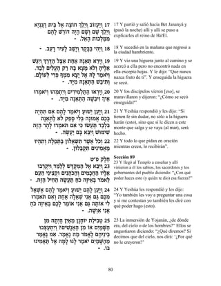 ‡È Á ˙Èa Ï‡ ‰ˆ…Á ¿ ≈≈Â ·…ÊÚ«Â 17
  «¿«« ≈ ∆ ∆Â ÍÏÈ ¿ Â ¬È ¿            17 Y partió y salió hacia Bet Jananyá y
      Ì‰» L¯…c ‰È» ÌL¿ ÌL ¿ ≈≈Â
       ∆Ï ≈Â »‰ »Â » ÍÏÈ ¿            (pasó la noche) allí y allí se puso a
                                      explicarles el reino de Ha'El.
                - .Ï‡‰ ˙eÎÏn ƒ
                     ≈» ¿«Ó
   - .·Ú¯ ¯ÈÚ» ·L»Â ¯˜»a È‰¿Â 18
       ≈ » ƒÏ «È¿ »a« ƒÈ «            18 Y sucedió en la mañana que regresó a
                                      la ciudad hambriento.
L«ÈÂ¿¿¯c« Ïˆ‡ ˙Á‡ ‰»‡z ‡¯ÈÂ¿19
  bƒ Í ∆∆‰ ∆≈ «« ≈ ¿ ≈»               19 Y vio una higuera junto al camino y se
 .„·¿ ÌÈÏÚ‰ ˜¯ d» ‡ˆÓ ‡…¿ ‰ÈÏ‡
   «Ï ƒ¡∆ « a »» ÏÂ » ∆≈              acercó a ella pero no encontró nada en
 .ÌÏ…ÚÏ È¯t » n ƒ ‡ˆ» Ï‡ d» ¯Ó‡È¿
                                      ella excepto hojas. Y le dijo: “Que nunca
   »Â ¿ ƒ¿ Í ¿Ó »È ∆ Ï « …Â           nazca fruto de ti”. Y enseguida la higuera
             - .„i ƒ ‰»‡z« L«È˙¿
                  »Ó ≈ ¿‰ · ƒÂ        se secó.
 e¯Ó‡È¿ e‰Ó˙ƒÂ ÌÈ„ÈÓ¿z« e‡¯ÈÂ¿20
   ¿ …Â ¿ ¿È¿ ƒ ƒÏ «‰ ¿»              20 Y los discípulos vieron [eso], se
         - .„i ƒ ‰»‡z« ‰L≈ÈÂ ¿ È‡
             »Ó ≈ ¿‰ »· ƒ Í ≈         maravillaron y dijeron: “¿Cómo se secó
                                      enseguida?”

  ‰È¿z Ì‡ Ì‰» ¯Ó‡È¿ ÚeL≈ ÔÚ»Â 21
   ∆‰ ƒ ƒ ∆Ï « …Â « È ≈È ¿            21 Y Yeshúa respondió y les dijo: “Si
    ‰»‡z« ‡… ˜ÙÒ ÈÏ¿ ‰»eÓ‡ ÌÎ»
       ≈ ¿Ï Ï ≈» ƒa         ¡ ∆a      tienen fe sin dudar, no sólo a la higuera
                                      harán (esto), sino que si le dicen a este
 ‰f« ¯‰» e¯Ó‡z Ì‡ Èk eNÚz „·¿ƒ
  ∆‰ »Ï ¿ … ƒ ƒ ¬« «Ïa                monte que salga y se vaya (al mar), será
           - .‰N¬« Ìa ‡aƒÂ LenÈL
               ∆ÚÈ » ≈È ¿       ƒ     hecho.
 eÈ‰˙¿ ‰ÏÙz« ÔeÏ‡˘z ¯L¬ ÏÎ¿ 22
   ¿ ƒÂ »≈¿a ¬ ¿ ƒ ∆‡ …Â              22 Y todo lo que pidan en oración
               - .ÔeÏa ¿z ÌÈƒÈÓ‡Ó
                     «˜ ƒ     ƒ¬«     mientras creen, lo recibirán”.

                                      Sección 89
                       Ë"Ù ˜ÏÁ
                             ∆≈       23 Y llegó al Templo a enseñar y allí
   e·¯˜ƒ „n«¿ Lc ¿n« Ï‡ ‡aƒÂ 23
     ¿¿ÈÂ¿ ≈ÏÏ »˜ ƒ‰ ∆ ≈È ¿           vinieron a él los sabios, los sacerdotes y los
  ÌÚ‰ È≈Èˆ˜ ÌÈƒ‰…‰¿ ÌÈÓ»Á‰ ÂÈÏ‡
   ≈≈ ƒ ¿e ¬k«Â ƒÎ¬« »≈               gobernantes del pueblo diciendo: “¿Con qué
                                      poder haces esto (y quién te dio) esa fuerza?”
- .‰f« ÏÈÁ‰ ‰N¬z Á… ‰ÊÈ‡¿ ¯Ó‡Ï
    ∆‰ ƒ≈ ∆Ú « «k ∆ ≈a … ≈
Ï‡L∆ Ì‰» ¯Ó‡È¿ ÚeL≈ Ì‰» ÔÚ»Â 24
 « ¿‡ ∆Ï « …Â « È ∆Ï ≈È ¿             24 Y Yeshúa les respondió y les dijo:
e¯Ó‡z Ì‡¿ ˙Á‡ ‰Ï‡L Èƒ‡ Ìb Ìk ƒ
  ¿ … ƒÂ «« »≈ ¿ ¬ « ∆Ó               “Yo también les voy a preguntar una cosa
                                      y si me contestan yo también les diré con
Á… ‰ÊÈ‡¿ ÌÎ» ¯Ó…‡ Èƒ‡ Ìb d˙…‡ ÈÏ
«k ∆ ≈a ∆Ï ≈Â ¬ « »Â ƒ                qué poder hago (esto).
                     - .‰L¿‡ Èƒ‡
                         »Â ƒ ¬
      ÔÓ ‰˙¿‰ ÔÈ«Ó Ô»Á…È ˙ÏÈ·Ë 25
        ƒ »È» ƒ‡ ≈ »Â « ƒ¿            25 La inmersión de Yojanán, ¿de dónde
    e·v«˙ƒÂ ?ÌÈL ¬‰ ÔÓ …‡ ÌÈ «M«
      ¿Ú ¿È¿ ƒ»‡» ƒ Â ƒÓ »‰           era, del cielo o de los hombres?” Ellos se
                                      angustiaron diciendo: “¿Qué diremos? Si
  ¯Ó‡∆ Ó‡ .¯Ó‡∆ ‰Ó „Ó‡∆ Ì‰È≈Èa
    « ¡ ƒ « ¡ « … ¡Ï ∆ ≈              decimos que del cielo, nos dirá: ‘¿Por qué
 e ÈÓ‡z Ï‡ ‰n» e » ¯Ó‡È ÌÈ «M«Ó
    ƒ ¬ « ∆ »Ï Ï « … ƒÓ »‰ ≈          no le creyeron?’
                             - .…a
                                Â


                                 80
 