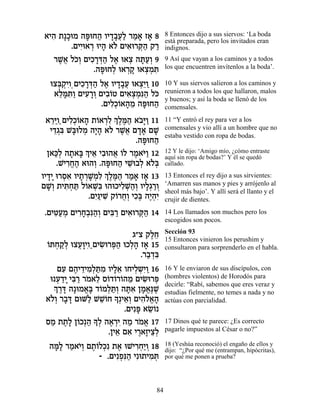 ‡È‰ ˙»ÎeÓ ‰t Á‰ ÂÈ„·Ú« ¯Ó‡ Ê‡ 8
  ƒ »       »e « »»¬Ï « » »            8 Entonces dijo a sus siervos: ‘La boda
                                       está preparada, pero los invitados eran
       .ÌÈÈ ‡¯ eÈ‰ ‡… ÌÈ‡e¯w« ˜¯
          ƒe ¿ » Ï ƒ ¿‰ «              indignos.
   ¯L¬ ÏÎ¿ ÌÈÎ¯c« Ï‡ e‡ˆ ‰z«¿ 9
    ∆‡ …Â ƒ »¿‰ ∆ ¿ »ÚÂ                9 Así que vayan a los caminos y a todos
              .‰t ÁÏ e‡¯˜ e‡ˆÓz
                 »e ¿ ¿» ¿¿ ƒ          los que encuentren invítenlos a la boda’.

   eˆa ¿ÈÂ¿ÌÈÎ¯c« Ï‡ ÂÈ„·Ú e‡ˆ≈Â 10
      ¿˜ƒ ƒ »¿‰ ∆ »»¬ ¿È «             10 Y sus siervos salieron a los caminos y
    ‡Ïn ƒÂ ÌÈÚ¯Â ÌÈ·…Ë ÌÈ‡ˆÓƒ‰ Ïk
      ≈»z« ƒ »¿ ƒÂ        ƒ¿ ¿ p « …   reunieron a todos los que hallaron, malos
                                       y buenos; y así la boda se llenó de los
                   .ÌÈÏ¿…‡‰Ó ‰t Á‰
                      ƒÎÂ » ≈ »e «     comensales.
  ‡¯iÂ«ÌÈÏ¿…‡‰ ˙…‡¯Ï ¿ ∆n« ‡·»Â 11
   ≈« ƒÎÂ » Â ¿ƒ ÍÏ ∆‰ …i«             11 “Y entró el rey para ver a los
   È„‚a L»eÏÓ ‰È» ‡… ¯L¬ Ì„‡ ÌL
    ≈¿ƒ a ¿ »‰ Ï ∆‡ »» »               comensales y vio allí a un hombre que no
                                       estaba vestido con ropa de bodas.
                             .‰t Á‰
                                »e «
  Ô‡k¿ ‰˙‡a ¿ È‡ È·e‰‡ …Ï ¯Ó‡i« 12
    «Ï » » Í ≈ ƒ ¬ Â ∆ …Â              12 Y le dijo: ‘Amigo mío, ¿cómo entraste
                                       aquí sin ropa de bodas?’ Y él se quedó
     .LÈ¯Á‰ ‡e‰Â .‰t Á‰ ÈL ·Ï ‡…¿
        ƒ¡∆      ¿ »e « ≈e ¿ Ïa        callado.

ÂÈ„È e¯Ò‡ ÂÈ˙¯L ¿ƒ ¿ ∆n« ¯Ó‡ Ê‡ 13
  »» ¿ƒ » ¿»ÓÏ ÍÏ ∆‰ « » »             13 Entonces el rey dijo a sus sirvientes:
ÌL¿ ˙Èz¿z Ï…‡Lƒ e‰eÎÈÏL«¿ ÂÈÏ¿¯Â
  »Â ƒÁ « Â ¿a           ƒ¿‰Â »‚ «¿    ‘Amarren sus manos y pies y arrójenlo al
                                       sheol más bajo’. Y allí será el llanto y el
               .ÌÈ«ÈL ˜…¯Á¿ ÈÎ∆ ‰È¿ƒ
                 ƒp ƒ Â ¬Â ƒa ∆‰È      crujir de dientes.

.ÌÈh«Ó ÌÈ¯Á¿ƒ‰¿ ÌÈa « ÌÈ‡e¯w« 14
   ƒÚ ¿ ƒ»·p«Â ƒ¯ ƒ ¿‰                 14 Los llamados son muchos pero los
                                       escogidos son pocos.
                                       Sección 93
                         ‚"ˆ ˜ÏÁ
                              ∆≈       15 Entonces vinieron los perushim y
 Â ¿ «Ï ¬e Â« ƒe ¿‰ ¿» »
 …zÁ˜¿ eˆÚ»Èƒ ÌÈN ¯t« eÎÏ‰ Ê‡ 15       consultaron para sorprenderlo en el habla.
                           .¯·„a
                             « ¿ƒ
    ÌÚ Ì‰È„ÈÓ¿z ƒ ÂÈÏ‡ ÂÁÈÏ˘ƒÂ 16
      ƒ ∆ ≈ ƒÏ «Ó »≈ ¿¿ È«             16 Y le enviaron de sus discípulos, con
  e Ú„È Èa « ¯Ó‡Ï Ò…„…¯…‰Ó ÌÈN ¯t
    ¿ «» ƒ¯ … ≈ Â Â Â ≈ ƒe ¿           (hombres violentos) de Horodós para
   ¿ ¯c ‰»eÓ‡» „…ÓÏz¿ ‰zƒ ÔÓ‡∆L
   Í ∆»      ¡a Â ¿«Â »‡ » ¡p ∆
                                       decirle: “Rabí, sabemos que eres veraz y
                                       estudias fielmente, no temes a nada y no
 ‡…¿ ¯·c ÌeM« LLÂÁ »¿È‡¿ ÌÈ‰Ï‡‰
  ÏÂ » »      Ï ≈… Í ≈Â ƒ…¡»           actúas con parcialidad.
                        .ÌÈƒt ‡NÂ
                            » ≈…
 ÒÓ ˙˙» Ô…Î¿‰ » ¿ ‰‡¯È ‰Ó ¯Ó‡ 17
  « ∆Ï Â « ÍÏ ∆ ¿ƒ « … ¡               17 Dinos qué te parece: ¿Es correcto
                   .ÔÈ‡ Ì‡ È¯‡ÊÈˆ¿
                      ≈ ƒ ∆ » ≈Ï       pagarle impuestos al César o no?”

  ‰n» ¯Ó‡È¿ Ì˙…ÏÎƒ ˙‡ eLÈ¯Á«Â 18
   »Ï « …Â ∆Â ¿ ∆ ƒ¿È ¿                18 (Yeshúa reconoció) el engaño de ellos y
                                       dijo: “¿Por qué me (entrampan, hipócritas),
               - .ÌÈƒÙƒ‰ Èƒe˙ÈÓz
                     ¿p«      ƒ¿       por qué me ponen a prueba?




                                  84
 