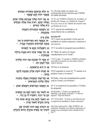 ÌÈ˙n« ˙Èiƒz ƒ Ì˙‡¯˜ ‡…‰ 31
      ƒ ≈‰ «Á ¿Ó ∆ »¿ l«               31 ¿No han leído en cuanto a la
                                       resurrección de los muertos que YHWH
          - ¯Ó‡L ÌÎ» ‰Â‰È ¯Ó‡L
             « » ∆ ∆Ï      «» ∆        les habló diciendo:

˜Áˆƒ È‰Ï‡ Ì‰¯·‡ È‰Ï‡ ‰Â‰È Èƒ‡ 32
 «¿È ≈…¡ » »¿« ≈…¡           ¬         32 'Yo soy YHWH el Elohim de Avraham, el
                                       Elohim de Yitsjaq y el Elohim de Yaaqov'?
 ÌÈ˙n« È‰Ï‡ … È‡ Î"‡¯ .·˜Ú« È‰Ï‡∆
   ƒ ≈‰ ≈…¡ Â ≈         … ¬È ≈…¡Â      Si es así, él no es un Elohim de muertos sino
               - .ÌÈi«‰ È‰Ï‡ ‡"Î
                    ƒÁ« ≈…¡            un Elohim de vivos”.
        e‰Ó˙ƒÂ ˙…¯e·Á‰ eÚÓLƒÂ 33
          ¿ ¿È¿ Â ¬« ¿ ¿È¿             33 Y oyeron las multitudes y se
                       - .…˙Ó¿ÁÓ
                          Â »Î» ≈      maravillaron de su sabiduría.

                                       Sección 95
                         ‰"ˆ ˜ÏÁ
                              ∆≈       34 Y como los perushim vieron que los
    ÔÈ‡ Èk ÌÈL ¯Èt« e‡¯ ¯L¬«¿ 34
      ≈ ƒ ƒe ≈‰ » ∆‡ÎÂ                 tsedukím no tenían respuesta, reunieron a
   - .ÂÈ„·Ú e¯a«˙‰ ÌÈ˜Â„v« ‰∆ÚÓ
        »»¬ ¿Á ¿ ƒ ƒ… ¿Ï ¬«            sus siervos .

       Â Â ¿
       …˙…q«Ï "‡ ÌÎÁ e‰eÏ‡LƒÂ 35
                   »»      ¬ ¿È¿       35 Y un sabio le preguntó para probarlo:-

 ‰Ï…„b ‰ÂˆÓ ‡È‰ ‰ÊÈ‡ ¯eÓ‡ Èa « 36
  »Â ¿ »¿ƒ ƒ ∆ ≈          » ƒ¯         36 “Rabí, di cuál es el mayor
                        - .‰¯…z«L
                             »Â a ∆    mandamiento en la Torah”.

 » È‰Ï‡ ‰Â‰È ˙‡ ˙·‰‡¿ …Ï ¯Ó‡ 37
  Í ∆…¡        ∆ «¬ « Â Â « »          37 El le dijo. “Y amarás a YHWH tu Elohim
                                       con todo tu corazón, (y con toda tu alma y
                  - .eÎÂ » ¿»¿ ÏÎ¿
                       ¿ Í··Ï »a       toda tu fuerza).

            - .‰»…L‡¯‰ ‡È‰ …Ê 38
                 Â ƒ» ƒ Â              38 Este es el primero.
  » Ú¯Ï ˙·‰‡¿ ‰ÈÏ‡ ‰Ó…c ˙ÈƒL 39
  Í¬ ≈¿ «¬«Â » ∆≈ ∆Â        ≈          39 El segundo es como él: “Y amarás a tu
                           » …Ók
                         - .ÍÂ »       prójimo como a ti mismo”.

  ‰¯…z‰ ‰l≈‰ ˙…Âˆn« Èz ¿ ÏÚ¿ 40
   »Â « ∆‡» Â ¿ƒ‰ ≈L «Â                40 Sobre estos dos mandamientos pende
          - .ÌÈ‡È·¿‰¿ ‰È Ïz d»ek
               ƒ ƒp«Â »e ¿ l           toda la Torah y los Profetas”.

- ÚeL≈ ÌÏ‡LƒÂ ÌÈN ¯t« eÙÒ‡∆Â 41
  « È ≈¬ ¿È¿ ƒe ¿‰ ¿∆È ¿               41 Y se reunieron los perushim y Yeshúa
                                       les preguntó

  ÁÈL »‰ ÔÓ ÌÎ» ‰‡¯È ‰Ó ¯Ó‡Ï 42
  « ƒn« ƒ ∆Ï » ¿ƒ « … ≈                42 diciendo: “¿Cuál es su opinón del
                                       Mashíaj; y de quién será hijo?” Y ellos le
   - .„Âc Ôa …Ï e¯Ó‡È¿ .‰È¿ƒ ÈÓ Ô·e
       ƒ» ≈ Â ¿ …Â ∆‰È ƒ ≈             dijeron: “Hijo de Dawid”.

  „Âc …˙…‡ e‡¯˜ ¿ È‡ Ì‰» ¯Ó‡È¿ 43
   ƒ» Â Â     ¿» Í ≈ ∆Ï « …Â           43 Y él les dijo: “¿Cómo es que Dawid, por
                                       el espìritu de santidad, lo llama soberano?
          - Ô…„‡ ¯Ó‡Ï L„… ‰ Áe¯a
             Â » … ≈ ∆w« « »
       ·L Èƒ…„‡« ‰Â‰È Ì‡¿ ·È˙¿„ 44
        » Â ¬Ï         À ƒÎ ƒ          44 Como está escrito: ‘Dijo YHWH a mi
                                       soberano: Siéntate a mi diestra, hasta que yo
» ÈÏ¿¯Ï Ì…c‰ » È·¿…‡ ˙ÈL» „Ú ÈƒÈÓÈÏ
.Í ∆‚ «¿ Â « Í ∆ÈÂ     ƒ‡ « ƒ ƒ        ponga a tus enemigos como estrado de tus
                                       pies'”.
                                  -

                                  86
 