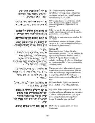 ÌÈN ¯t«¿ ÌÈÙ≈Á‰ Ì‰» È…‡ 29
        ƒe ¿‰Â ƒ ¬« ∆Ï Â               29 “Ay (de ustedes), hipócritas,
      ÌÈ‡È·¿‰ È¯·˜ e ¿z ∆ ÌÈÓ»Á‰¿
        ƒ ƒp« ≈¿ ƒ · ƒL ƒÎ¬«Â          perushim, y sabios porque edifican las
                                       tumbas de los profetas y glorifican (los
           - .ÌÈ˜ ƒv« Èƒ‡ˆ e„a«˙e
                ƒÈc«‰ … ¿Î ¿           monumentos) de los justos.
  e È˙Â·‡ ÈÓÈa e ÈÈ» Ì‡ e¯Ó‡˙¿ 30
     ≈… ¬ ≈ ƒ ƒ‰ ƒ ¿ … Â               30 Y ustedes dicen: ‘Si hubiéramos estado
                                       en los días de nuestros padres, no (les)
   - .ÌÈ‡È·¿‰ ÈÓÈa ÌÈÁ»p « e ÈÈ» ‡…
        ƒ ƒp« ≈ ƒ ƒi«‰ ƒ‰ Ï            habríamos permitido (dar muerte a) los
                                       profetas’.

  ÌÎÓˆÚ ÏÚ ÌÈ„ÈÚÓ Ìzƒ ˙‡Ê¿ 31
   ∆¿¿« « ƒ ƒ¿ »‡ …a                   31 En eso ustedes dan testimonio contra
                                       ustedes mismos de que son hijos de aquellos
 - ÌÈ‡È·¿‰ e‚¯‰ ¯L¬« Ìzƒ ÌÈƒa ∆
     ƒ ƒp« ¿» ∆‡Ï »‡ »L                que mataron a los profetas.
                                       32 Ustedes se comportan según las obras de
 - .ÌÎÈ˙…·‡ ‰N¬Ó¿ ÌÈ‚‰… Ìzƒ¿ 32
     ∆ ≈Â ¬ ∆Ú «k ƒ¬Â »‡Â              sus padres.
    eÒe z ÔÈ‡ ÌÈƒ…ÚÙˆ Ú¯Ê ÌÈL»¿ 33
        » ≈ Â ¿ƒ «» ƒÁ                 33 Serpientes, simiente de víboras, ¿cómo
                                       escaparán de el juicio del Guehinam si no se
- .‰·eLz« e·eLz ‡… Ì‡ ÌpƒÈb ÔÈc ƒ
    » ¿a        » Ï ƒ …‰ ≈ ƒÓ          vuelven en arrepentimiento?

                           Ë"ˆ ˜ÏÁ∆≈   Sección 99
                                       34 en aquel tiempo Yeshúa dijo a las
    ˙…¯e·Á« ÚeL≈ ¯Ó‡ ‡È‰‰ ˙Ú« 34
     Â ¬Ï « È « » ƒ« «a                multitudes de yahudim: “Por eso les digo: He
        ÌÎ» Á≈…L Èƒ¿‰ ˙‡Ê¿ ÌÈ„e‰i«
         ∆Ï «ÏÂ     ƒ …Ï ƒ ¿‰          aquí les estoy enviando profetas, sabios y
       Ì‰Óe .ÌÈ¯Ù…ÒÂ ÌÈÓ»Á« ÌÈ‡È·¿
         ∆≈     ƒ¿Â ¿ ƒÎ¬Â ƒ ƒ         escribas. A algunos de ellos ustedes los
                                       matarán, y a algunos de ellos los afligirán en
ÌÎ˙…ÈÒ≈Î Èz»¿ e·È‡¿z Ì‰Óe e‚¯‰z
  ∆¿Â ƒ ¿ ≈·a ƒÎ « ∆ ≈ ¿««             sus casas de asamblea y (los) perseguirán de
            - .¯ÈÚ Ï‡ ¯ÈÚÓ ÈƒeÙc ¿˙¿
                 ƒ ∆ ƒ≈        ¿¯ ƒÂ   ciudad en ciudad,

    ÏÚ ¿ t ¿p« ˜Èc« Ïk Ìc ÌÎÈÏÚ 35
      « Í»Lƒ‰ ƒˆ » » ∆ ≈¬              35 (para que caiga) sobre ustedes la sangre
                                       de todo justo que se ha derramado sobre la
‰È ¿Îˆ Ìc „Ú ˜Èc«‰ Ï·‰ Ìc ƒ ı¯‡‰
 «¯ «≈ » « ƒv« ∆∆ »Ó ∆»»               tierra, desde la sangre del justo Hével hasta
     ÏÎÈ‰‰ ÔÈa Ìz¿¯‰ ¯L¬ ‰Èk ¿a Ôa
      » ≈« ≈ ∆‚ «¬ ∆‡ » ∆¯ ƒ ≈         la sangre de Zekharyah Ben Birkeyah, a
                         - .Á≈Ên«¿
                             «a¿ƒÏÂ    quien ustedes mataron entre el Templo y el
                                       altar.
 Ïk e‡…·i ∆ ÌÎ» ¯Ó…‡ Èƒ‡ ˙Ó‡∆ 36
  » Â »L ∆Ï ≈Â ¬ ∆ ¡a                  36 En verdad les digo que todas estas
              - ‰f« ¯e„‰ ÏÚ ‰l≈
                  ∆‰ » « ∆‡            cosas vendrán sobre esta generación,

   ÌÈ‡È·¿‰ ˙‚¯…‰‰ ÌÈ«L ¯È ÏÚ¿ 37
     ƒ ƒp« ∆∆Â « ƒÏ »e ¿ «Â            37 y sobre Yerushaláyim que mata a los
    ÌÈÓÚt ‰n« ÌÈÁ…ÏL ƒ‰ ˙˜∆ÒÓe
       ƒ»¿ »k ƒÂ ¿n« ∆l« ¿             profetas y elimina a los que son enviados.
    Û…Ò‡z ¯L¬« » È∆a ÛÂÒ‡Ï È˙Èˆ¯
                                       ¡Cuántas veces quise reunir a tus hijos
      Â ¡ ∆ ∆‡k Í »         ƒ ƒ»       como una gallina reune sus pollitos
 ‡…¿ ‰ÈÙ»k ˙Áz ÌÈÁ…¯Ù‡ ˙Ï…‚¿¯z«
  ÏÂ » ∆ ¿ « « ƒÂ ¿∆ ∆Â ¿«‰            debajo de sus alas y no quisiste!
                         - .˙Èˆ¯
                            » ƒ»
  .˙…·¯Á ÌÎÈz» e·ÊÚz Ìzƒ ÔÎ» 38
    Â ≈¬ ∆ ≈a ¿«« »‡ ≈Ï                38 Por eso ustedes dejarán sus casas
                                       desoladas.-


                                  90
 