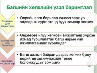 • Өөрийн арга барилаа хичээл заах ур
Техникийн
   үзэл
                 чадварын сургалтанд суух замаар хөгжих
баримтлал


               • Өөрөөсөө илүү хөгжсөн амжилтанд хүрсэн
Шинжээчийн       ахмад туршлагатай багш нарын үйл
   үзэл
баримтлал
                 ажиллагаанаас суралцдаг


               • Багш ажлын байран дээрээ хөгжих буюу
                 өөрийгөө хөгжүүлэхийн төлөө
 Экологийн
үүрэн загвар     боломжуудыг эрж хайх
 
