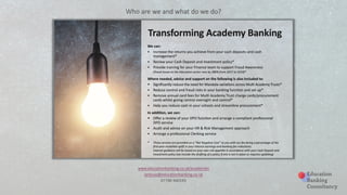 Who are we and what do we do?
www.educationbanking.co.uk/academies
ianbuss@educationbanking.co.uk
07796 940193
 