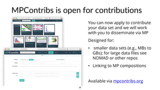 MPContribs is open for contributions
You can now apply to contribute
your data set and we will work
with you to disseminat...