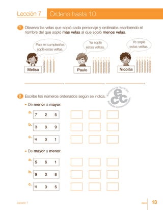 13trece
11111 Observa las velas que sopló cada personaje y ordénalos escribiendo el
nombre del que sopló más velas al que sopló menos velas.
, , .
Melisa Paulo Nicolás
22222 Escribe los números ordenados según se indica.
De menor a mayor.
7 2 5
a.
3 8 9
b.
4 0 1
c.
De mayor a menor.
5 6 1
a.
9 0 8
b.
4 3 5
c.
Lección 7 Ordeno hasta 10
Yo soplé
estas velitas.
Yo soplé
estas velitas.
Para mi cumpleaños
soplé estas velitas.
Lección 7
 