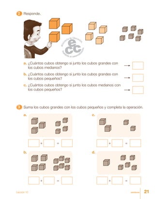 21veintiunoLección 10
22222 Responde.
33333 Suma los cubos grandes con los cubos pequeños y completa la operación.
b.
+ =
d.
+ =
a.
+ =
c.
+ =
a. ¿Cuántos cubos obtengo si junto los cubos grandes con
los cubos medianos?
b. ¿Cuántos cubos obtengo si junto los cubos grandes con
los cubos pequeños?
c. ¿Cuántos cubos obtengo si junto los cubos medianos con
los cubos pequeños?
 