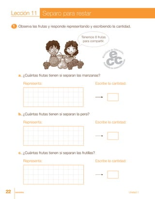 22 veintidós Unidad 1
11111 Observa las frutas y responde representando y escribiendo la cantidad.
a. ¿Cuántas frutas tienen si separan las manzanas?
Representa: Escribe la cantidad:
b. ¿Cuántas frutas tienen si separan la pera?
Representa: Escribe la cantidad:
c. ¿Cuántas frutas tienen si separan las frutillas?
Representa: Escribe la cantidad:
Lección 11 Separo para restar
Tenemos 8 frutas
para compartir.
 