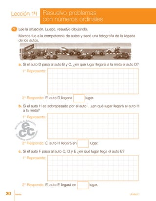 30 treinta Unidad 1
11111 Lee la situación. Luego, resuelve dibujando.
Marcos fue a la competencia de autos y sacó una fotografía de la llegada
de los autos.
A
B
C
D
E
F
G
H
I
a. Si el auto D pasa al auto B y C, ¿en qué lugar llegaría a la meta el auto D?
1° Represento:
2° Respondo: El auto D llegaría lugar.
b. Si el auto H es sobrepasado por el auto I, ¿en qué lugar llegará el auto H
a la meta?
1° Represento:
2° Respondo: El auto H llegará en lugar.
c. Si el auto F pasa al auto C, D y E ¿en qué lugar llega el auto E?
1° Represento:
2° Respondo: El auto E llegará en lugar.
Lección 14 Resuelvo problemas
con números ordinales
 