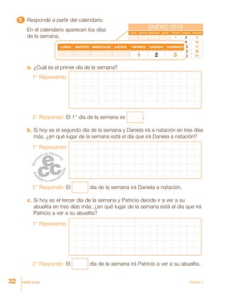 32 treinta y dos Unidad 1
33333 Responde a partir del calendario.
En el calendario aparecen los días
de la semana.
a. ¿Cuál es el primer día de la semana?
1° Represento:
2° Respondo: El 1° día de la semana es .
b. Si hoy es el segundo día de la semana y Daniela irá a natación en tres días
más, ¿en qué lugar de la semana está el día que irá Daniela a natación?
1° Represento:
2° Respondo: El día de la semana irá Daniela a natación.
c. Si hoy es el tercer día de la semana y Patricio decide ir a ver a su
abuelita en tres días más, ¿en qué lugar de la semana está el día que irá
Patricio a ver a su abuelita?
1° Represento:
2° Respondo: El día de la semana irá Patricio a ver a su abuelita.
1 2 3
4 5 6 7 8 9 10
11 12 13 14 15 16 17
18 19 20 21 22 23 24
25 26 27 28 29 30 31
LUNES MARTES MIERCOLES JUEVES VIERNES SABADO DOMINGO
ENERO 2016
1 2 3
LUNES MARTES MIERCOLES JUEVES VIERNES SABADO DOMINGO
ENERO 2015
 