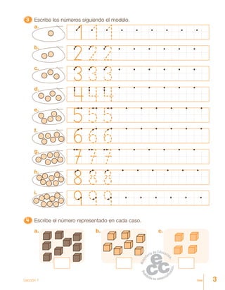 3tresLección 1
33333 Escribe los números siguiendo el modelo.
4444444444444444444444444 Escribe el número representado en cada caso.
c.b.a.
a.
b.
c.
d.
e.
f.
g.
h.
i.
 