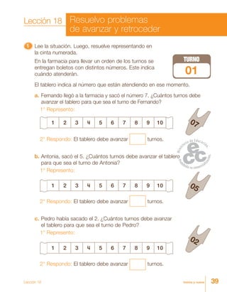 39treinta y nueve
11111 Lee la situación. Luego, resuelve representando en
la cinta numerada.
En la farmacia para llevar un orden de los turnos se
entregan boletos con distintos números. Este indica
cuándo atenderán.
El tablero indica al número que están atendiendo en ese momento.
a. Fernando llegó a la farmacia y sacó el número 7. ¿Cuántos turnos debe
avanzar el tablero para que sea el turno de Fernando?
1° Represento:
1 2 3 4 5 6 7 8 9 10
2° Respondo: El tablero debe avanzar turnos.
b. Antonia, sacó el 5. ¿Cuántos turnos debe avanzar el tablero
para que sea el turno de Antonia?
1° Represento:
1 2 3 4 5 6 7 8 9 10
2° Respondo: El tablero debe avanzar turnos.
c. Pedro había sacado el 2. ¿Cuántos turnos debe avanzar
el tablero para que sea el turno de Pedro?
1° Represento:
1 2 3 4 5 6 7 8 9 10
2° Respondo: El tablero debe avanzar turnos.
TURNO
01
02
07
05
Lección 18
Lección 18 Resuelvo problemas
de avanzar y retroceder
 