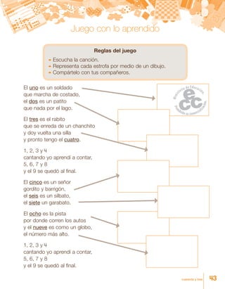 cuarenta y tres
Juego con lo aprendido
Reglas del juego
	Escucha la canción.
	Representa cada estrofa por medio de un dibujo.
	Compártelo con tus compañeros.
El uno es un soldado
que marcha de costado,
el dos es un patito
que nada por el lago.
El tres es el rabito
que se enreda de un chanchito
y doy vuelta una silla
y pronto tengo el cuatro.
1, 2, 3 y 4
cantando yo aprendí a contar,
5, 6, 7 y 8
y el 9 se quedó al final.
El cinco es un señor
gordito y barrigón,
el seis es un silbato,
el siete un garabato.
El ocho es la pista
por donde corren los autos
y el nueve es como un globo,
el número más alto.
1, 2, 3 y 4
cantando yo aprendí a contar,
5, 6, 7 y 8
y el 9 se quedó al final.
43
 