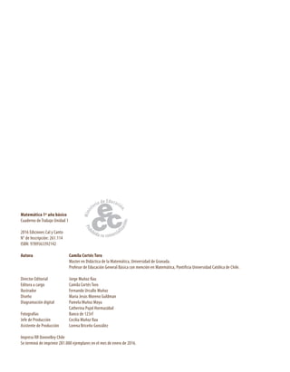 Matemática 1º año básico
Cuaderno de Trabajo Unidad 1
2016 Ediciones Cal y Canto
N° de Inscripción: 261.114
ISBN: 9789563392142
Autora	 Camila Cortés Toro
	 Master en Didáctica de la Matemática, Universidad de Granada.
	 Profesor de Educación General Básica con mención en Matemática, Pontificia Universidad Católica de Chile.
Director Editorial	 Jorge Muñoz Rau
Editora a cargo	 Camila Cortés Toro
Ilustrador	 Fernando Urcullo Muñoz
Diseño	 María Jesús Moreno Guldman
Diagramación digital	 Pamela Muñoz Moya
	 Catherina Pujol Hormazábal
Fotografías	 Banco de 123rf
Jefe de Producción	 Cecilia Muñoz Rau
Asistente de Producción	 Lorena Briceño González
Impreso RR Donnelley Chile
Se terminó de imprimir 281.000 ejemplares en el mes de enero de 2016.
 