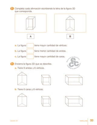 33treinta y tres
22222 Completa cada afirmación escribiendo la letra de la figura 3D
que corresponda.
A B
a. La figura tiene mayor cantidad de vértices.
b. La figura tiene menor cantidad de aristas.
c. La figura tiene mayor cantidad de caras.
33333 Encierra la figura 3D que se describe.
a. Tiene 9 aristas y 6 vértices.
b. Tiene 6 caras y 8 vértices.
Lección 33
 