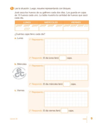 9nueve
4444444444444444444444444 Lee la situación. Luego, resuelve representando con bloques.
José saca los huevos de su gallinero cada dos días. Los guarda en cajas
de 10 huevos cada uno. La tabla muestra la cantidad de huevos que sacó
cada día.
LUNES MIÉRCOLES VIERNES
¿Cuántas cajas lleno cada día?
a. Lunes
1° Represento:
2° Respondo: El día lunes llenó cajas.
1° Represento:
2° Respondo: El día miércoles llenó cajas.
1° Represento:
2° Respondo: El día viernes llenó cajas.
b. Miércoles
c. Viernes
Lección 38
 