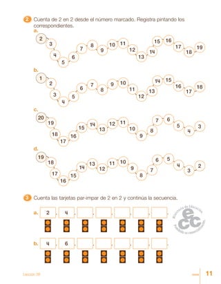 11once
22222 Cuenta de 2 en 2 desde el número marcado. Registra pintando los
correspondientes.
a.
2
3
4
5
6
7
8
9
10 11
12
13
14
15 16
17
18
19
b.
1
2
3
4
5
6
7
8
9 10
11
12
13
14 15
16
17
18
c.
20
19
18
17
16
15
14
13
12 11
10
9
8
7 6
5
4
3
d.
19
18
17
16
15
14
13
12
11 10
9
8
7
6 5
4
3
2
33333 Cuenta las tarjetas par-impar de 2 en 2 y continúa la secuencia.
Lección 39
a. 2 , 4 , , , , , .
b. 4 , 6 , , , , , .
 