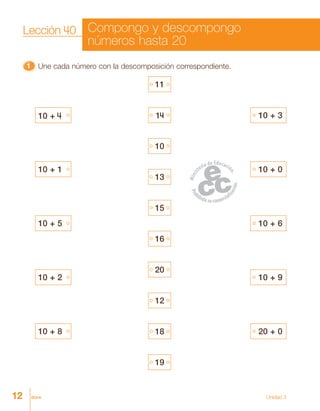 12 doce Unidad 3
11111 Une cada número con la descomposición correspondiente.
11
14
10
13
15
16
20
12
18
19
10 + 4
10 + 1
10 + 5
10 + 2
10 + 8
10 + 3
10 + 0
10 + 6
10 + 9
20 + 0
Lección 40 Compongo y descompongo
números hasta 20
 