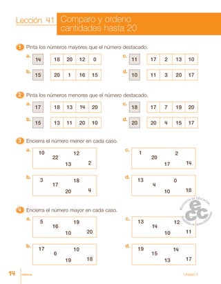 catorce Unidad 3
11111 Pinta los números mayores que el número destacado.
22222 Pinta los números menores que el número destacado.
33333 Encierra el número menor en cada caso.
4444444444444444444444444 Encierra el número mayor en cada caso.
18 20 12 014
a.
20 1 16 1515
b.
17 2 13 1011
c.
11 3 20 1710
d.
18 13 14 2017
a.
13 11 20 1015
b.
17 7 19 2018
c.
20 4 15 1720
d.
a.
10
22
13
12
2
b.
3
17
20
18
4
c.
1
20
17
2
14
d.
13
4
10
0
18
a.
5
16
10
19
20
b.
17
6
19
10
18
c.
13
14
10
12
11
d.
19
15
13
14
17
14
Lección 41 Comparo y ordeno
cantidades hasta 20
 