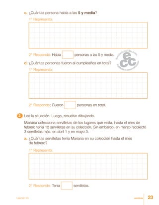 23veintitrés
c. ¿Cuántas persona había a las 5 y media?
1° Represento:
2° Respondo: Había personas a las 5 y media.
d. ¿Cuántas personas fueron al cumpleaños en total?
1° Represento:
2° Respondo: Fueron personas en total.
22222 Lee la situación. Luego, resuelve dibujando.
Mariana colecciona servilletas de los lugares que visita, hasta el mes de
febrero tenía 12 servilletas en su colección. Sin embargo, en marzo recolectó
3 servilletas más, en abril 1 y en mayo 3.
a. ¿Cuántas servilletas tenía Mariana en su colección hasta el mes
de febrero?
1° Represento:
2° Respondo: Tenía servilletas.
Lección 44
 