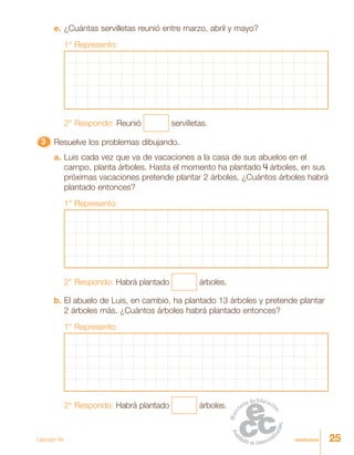 25veinticinco
e. ¿Cuántas servilletas reunió entre marzo, abril y mayo?
1° Represento:
2° Respondo: Reunió servilletas.
33333 Resuelve los problemas dibujando.
a. Luis cada vez que va de vacaciones a la casa de sus abuelos en el
campo, planta árboles. Hasta el momento ha plantado 4 árboles, en sus
próximas vacaciones pretende plantar 2 árboles. ¿Cuántos árboles habrá
plantado entonces?
1° Represento:
2° Respondo: Habrá plantado árboles.
b. El abuelo de Luis, en cambio, ha plantado 13 árboles y pretende plantar
2 árboles más. ¿Cuántos árboles habrá plantado entonces?
1° Represento:
2° Respondo: Habrá plantado árboles.
Lección 44
 