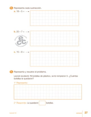 27veintisiete
22222 Representa cada sustracción.
a. 18 – 5 =
b. 20 – 7 =
c. 15 – 8 =
33333 Representa y resuelve el problema.
Leonel recolectó 14 botellas de plástico, se le rompieron 5. ¿Cuántas
botellas le quedaron?
1° Represento:
2° Respondo: Le quedaron botellas.
Lección 45
 