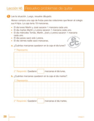 28 veintiocho Unidad 3
11111 Lee la situación. Luego, resuelve dibujado.
Alonso compra una caja de frutas para las colaciones que llevan al colegio
sus 4 hijos. La caja tenía 19 manzanas.
El día lunes Martín y José sacaron 1 manzana cada uno.
El día martes Martín y Lorena sacaron 1 manzana cada uno.
El día miércoles Tomás, Martín, José y Lorena sacaron 1 manzana
cada uno.
El día jueves sacó solo Lorena.
El día viernes nadie sacó manzanas.
a. ¿Cuántas manzanas quedaron en la caja el día lunes?
1° Represento:
2° Respondo: Quedaron manzanas el día lunes.
b. ¿Cuántas manzanas quedaron en la caja el día martes?
1° Represento:
2° Respondo: Quedaron manzanas el día martes.
Lección 46 Resuelvo problemas de quitar
 