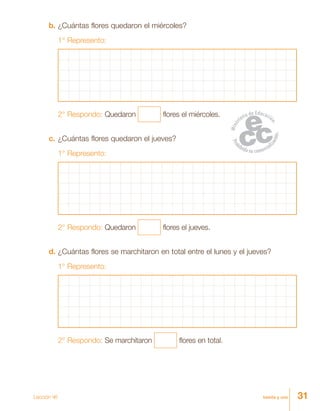 31treinta y uno
b.	¿Cuántas flores quedaron el miércoles?
1° Represento:
2° Respondo: Quedaron flores el miércoles.
c.	¿Cuántas flores quedaron el jueves?
1° Represento:
2° Respondo: Quedaron flores el jueves.
d.	¿Cuántas flores se marchitaron en total entre el lunes y el jueves?
1° Represento:
2° Respondo: Se marchitaron flores en total.
Lección 46
 