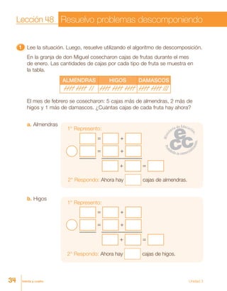 treinta y cuatro Unidad 3
Lección 48 Resuelvo problemas descomponiendo
11111 Lee la situación. Luego, resuelve utilizando el algoritmo de descomposición.
En la granja de don Miguel cosecharon cajas de frutas durante el mes
de enero. Las cantidades de cajas por cada tipo de fruta se muestra en
la tabla.
ALMENDRAS HIGOS DAMASCOS
El mes de febrero se cosecharon: 5 cajas más de almendras, 2 más de
higos y 1 más de damascos. ¿Cuántas cajas de cada fruta hay ahora?
a. Almendras
1° Represento:
2° Respondo: Ahora hay cajas de almendras.
= +
= +
+ =
b. Higos
1° Represento:
2° Respondo: Ahora hay cajas de higos.
= +
= +
+ =
34
 