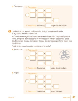35treinta y cinco
c. Damascos
1° Represento:
2° Respondo: Ahora hay cajas de damascos.
= +
= +
+ =
22222 Lee la situación a partir de lo anterior. Luego, resuelve utilizando
el algoritmo de descomposición.
Pedro es el encargado de seleccionar la fruta que está disponible para la
venta. Después de la cosecha de mediados de febrero desechó 2 cajas
de almendras, 5 cajas de higos y 4 cajas de damascos por tener algún tipo
de defecto.
Finalmente, ¿cuántas cajas quedaron a la venta?
a. Almendras 1° Represento:
2° Respondo: Quedaron cajas de almendras.
= +
= +
+ =
b. Higos 1° Represento:
2° Respondo: Quedaron cajas de higos.
= +
= +
+ =
Lección 48
 