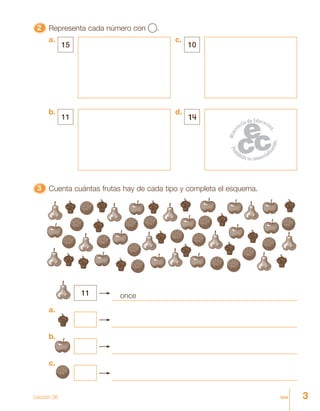 3tresLección 36
22222 Representa cada número con .
33333 Cuenta cuántas frutas hay de cada tipo y completa el esquema.
c.
11
a.
b.
once
a.
15
b.
11
c.
10
d.
14
 