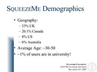S QUEEZE M E Demographics Geography: 33% UK 20.1% Canada 8% US 6% Australia Average Age: ~30-50 ~1% of users are in university!