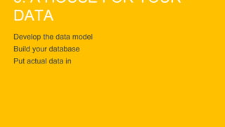 5. A HOUSE FOR YOUR
DATA
Develop the data model
Build your database
Put actual data in
 