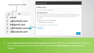 Choose Match based on a list of email contacts and upload a CSV file with email addresses under one
column. Remember to limit to one list per file. We recommend 10,000 contacts or more (maximum
300,000).
26
Label the header row “email”
 