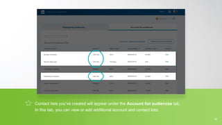 Contact lists you’ve created will appear under the Account list audiences tab.
In this tab, you can view or add additional account and contact lists.
28
 